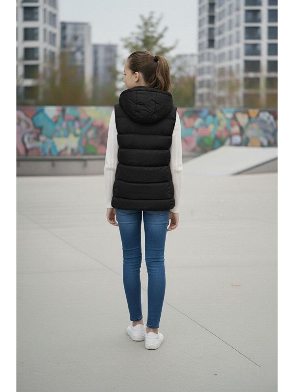 Siyah Kız Çocuk Kapüşonlu Şişme Yelek-3