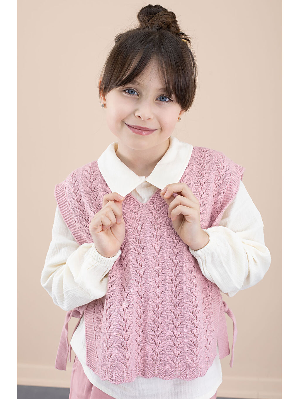 Pembe Örgü Süveterli Müslin Gömlekli Kız Çocuk 3lü Alt Üst Takım 20537-2