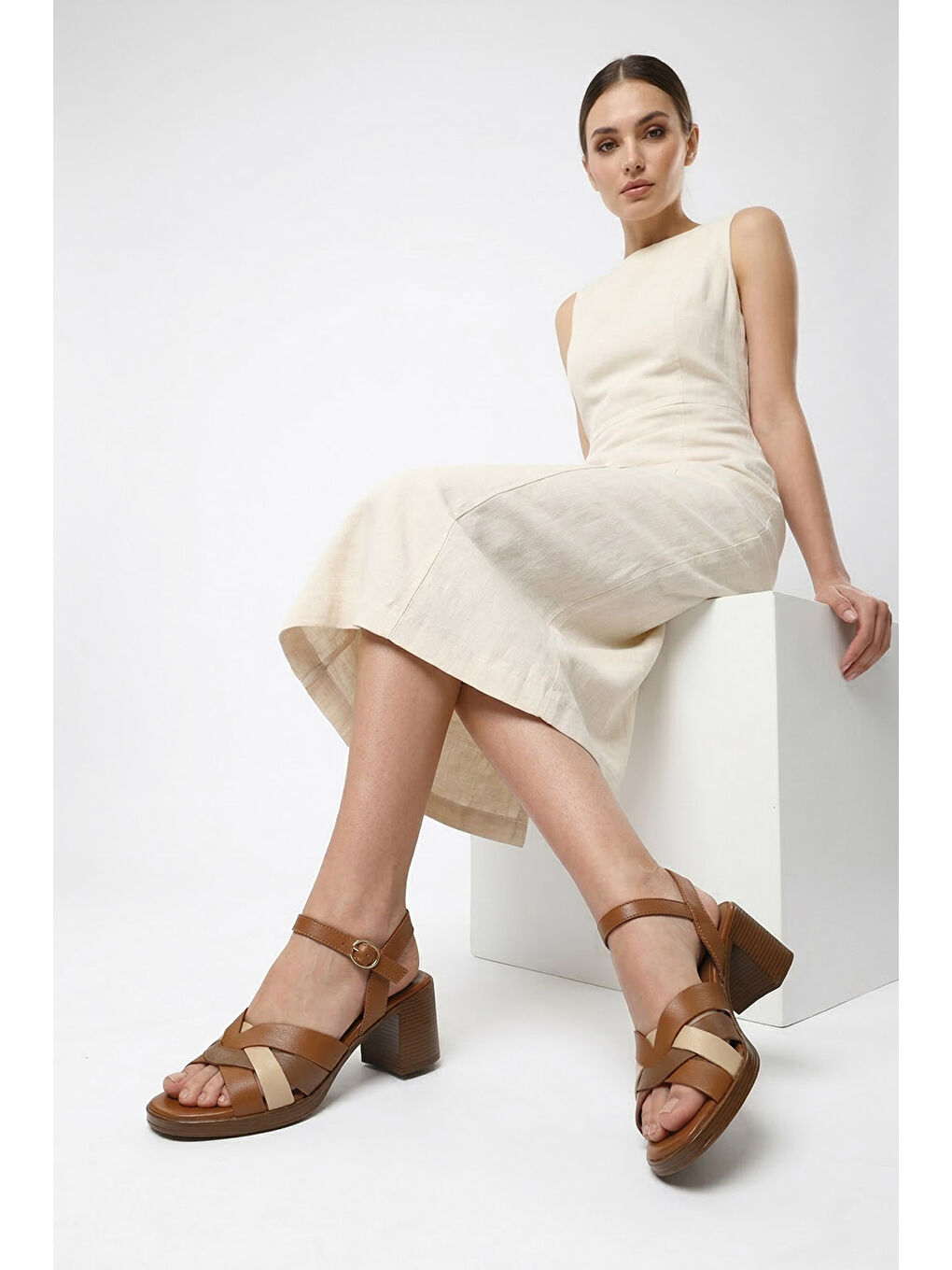 Kahverengi Kadın KAHVERENGİ-TABA Kalın Topuklu Hakiki Deri Sandalet-2