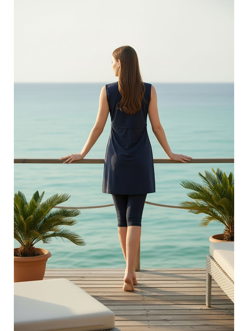 Lacivert Hızlı Kuruyan Esnek Paraşüt Kumaş Kolsuz Yarı Kapalı Mayo 3413-4