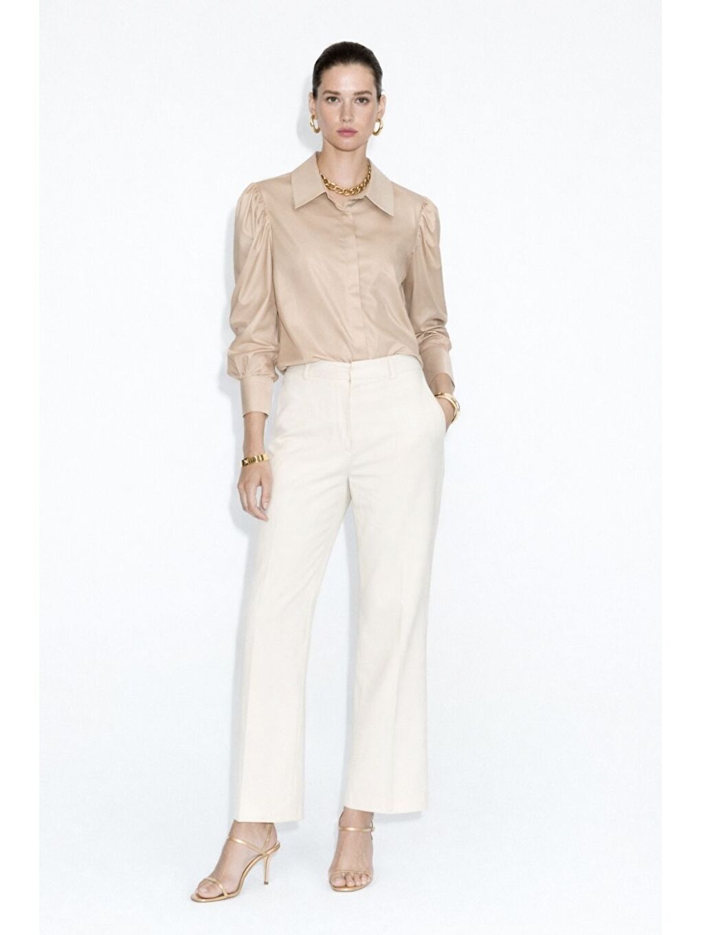 Bej Taş Rengi İnci Düğmeli Camel Saten Gömlek-3