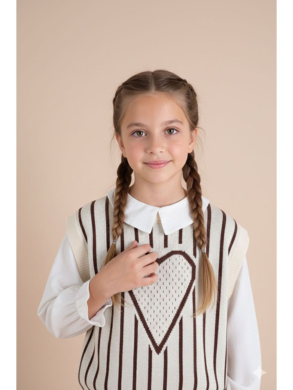 Kahverengi Kalp Desen Süveterli Gömlekli Kız Çocuk Pantolonlu 3lü Takım 23734-3