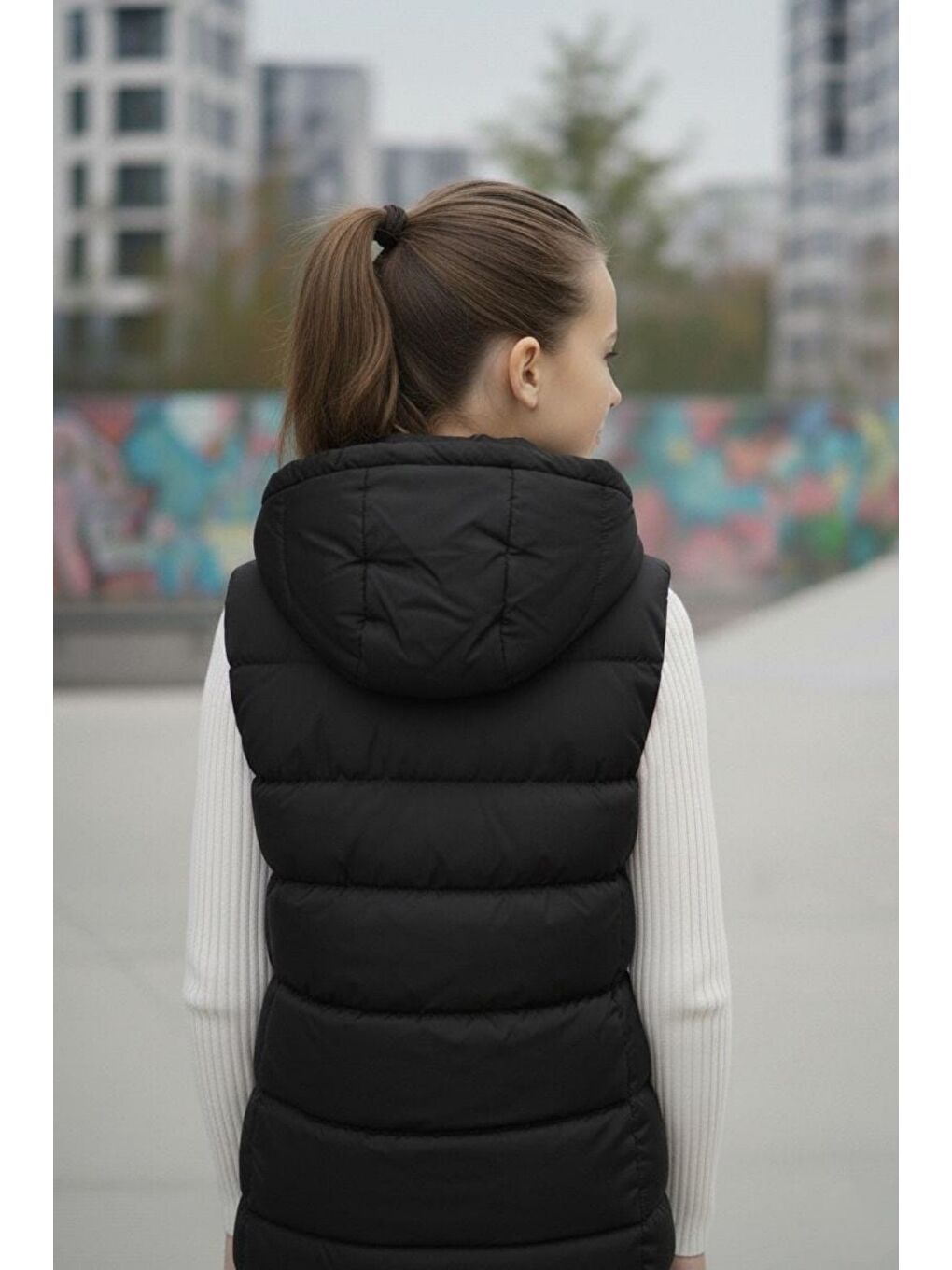 Siyah Kız Çocuk Kapüşonlu Şişme Yelek-4