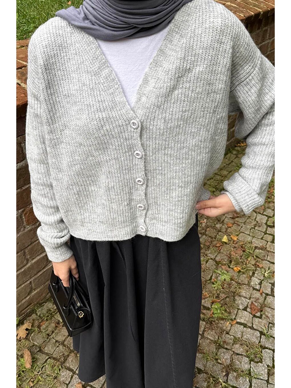 Crop V Yaka Hırka Gri-3