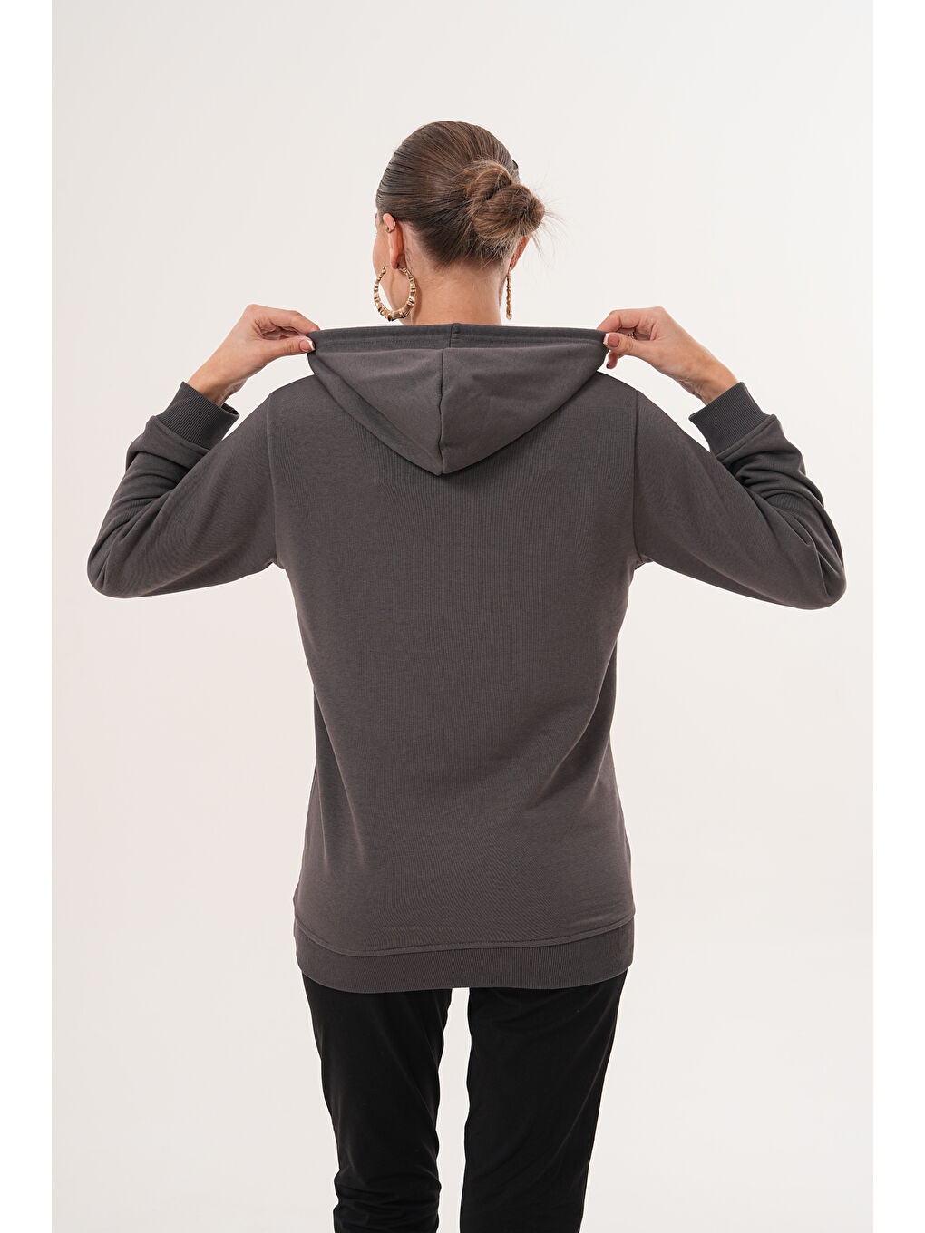 Gri %100 Pamuk Hamile ve Lohusa Basic Kapüşonlu Sweatshirt-4
