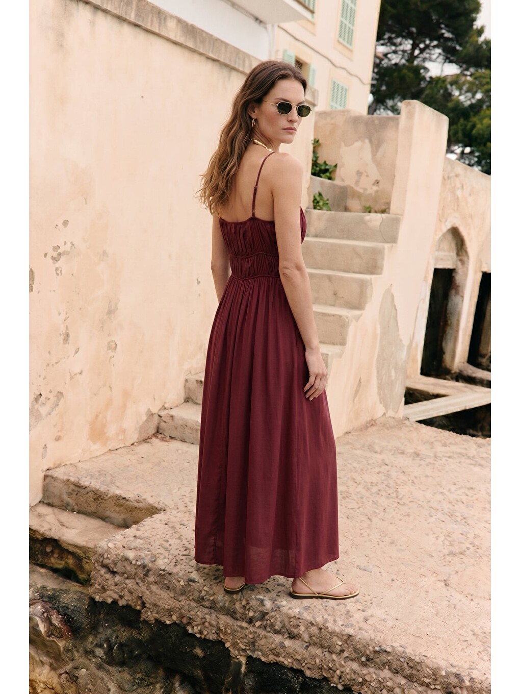 Askılı Uzun Elbise - Bordo-3