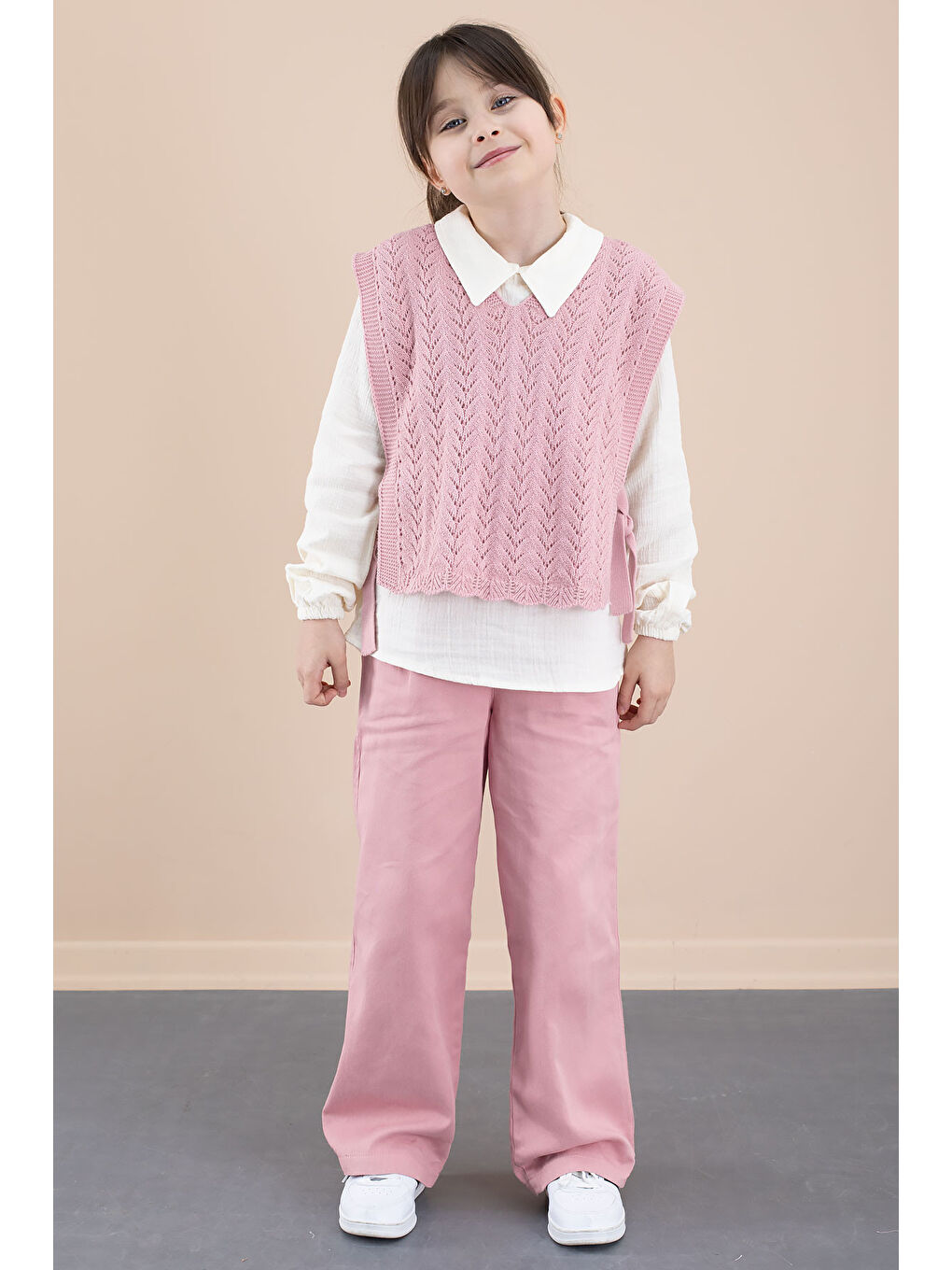 Pembe Örgü Süveterli Müslin Gömlekli Kız Çocuk 3lü Alt Üst Takım 20537-3