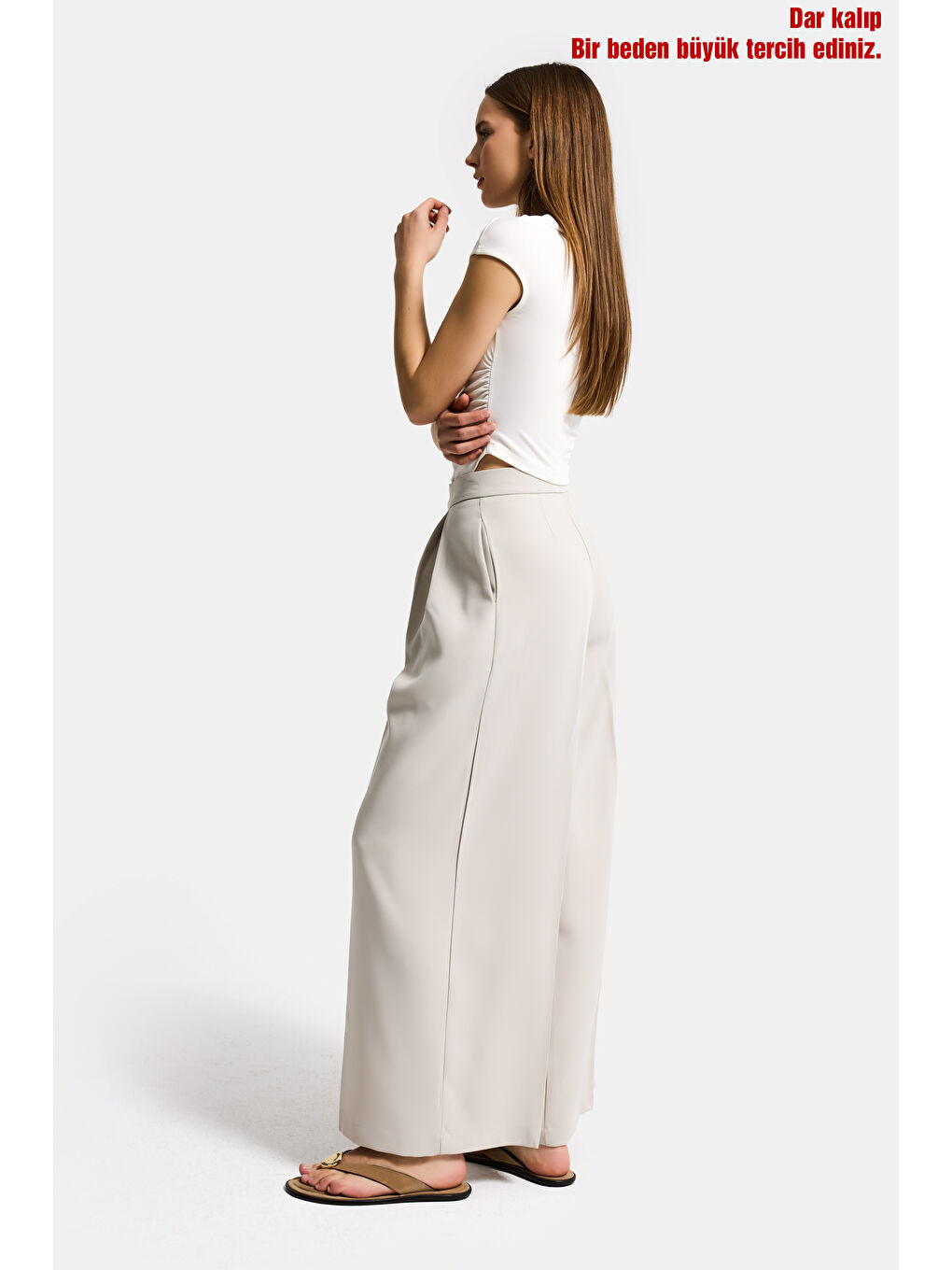 Kadın Ekru Bej w5 Palazzo Fit Özel Kumaş Kemer Detaylı Tasarım Pantolon-4