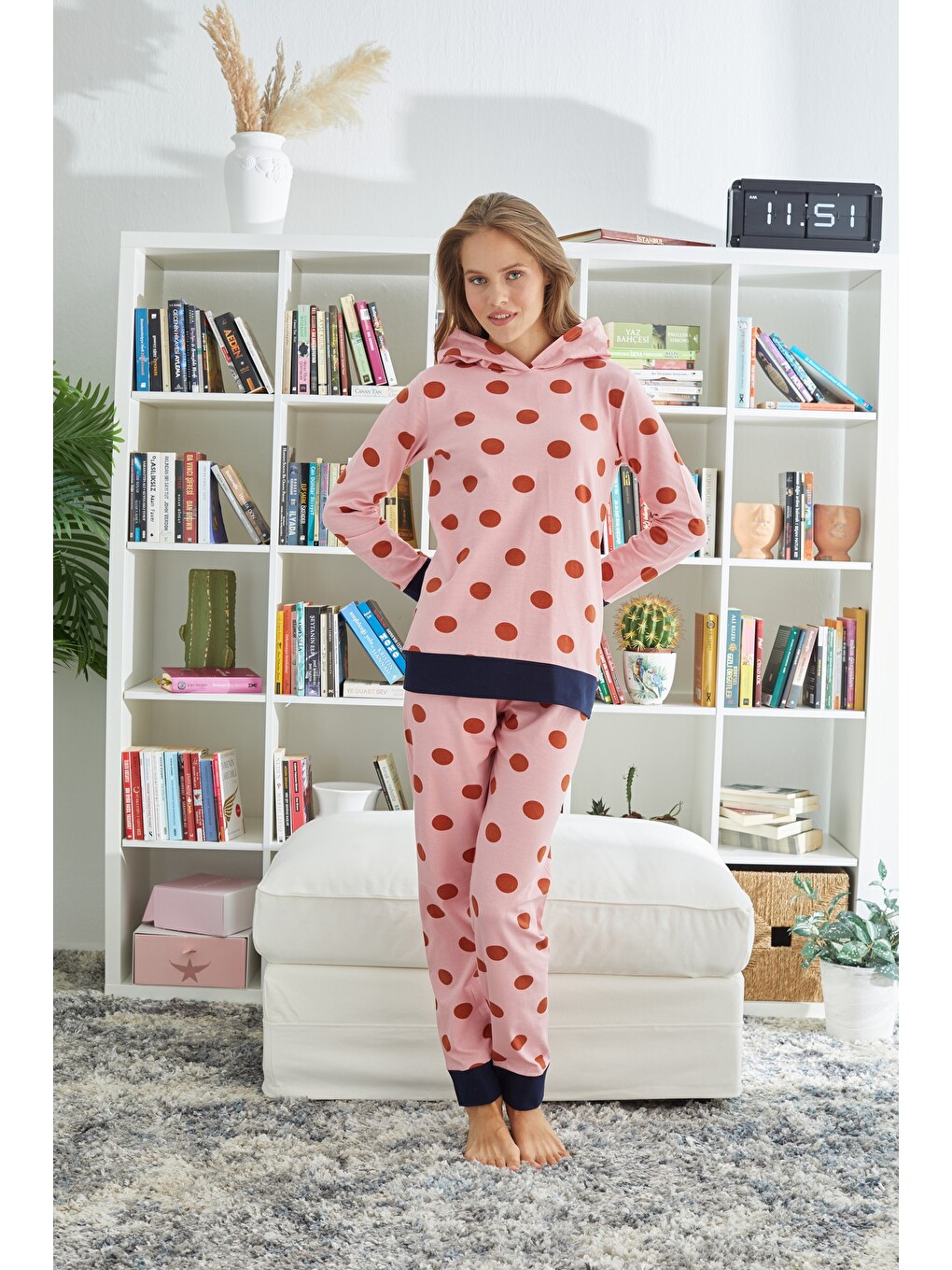 Karışık Kapüşonlu Pamuklu Elastanlı Örme Pijama Takım-1