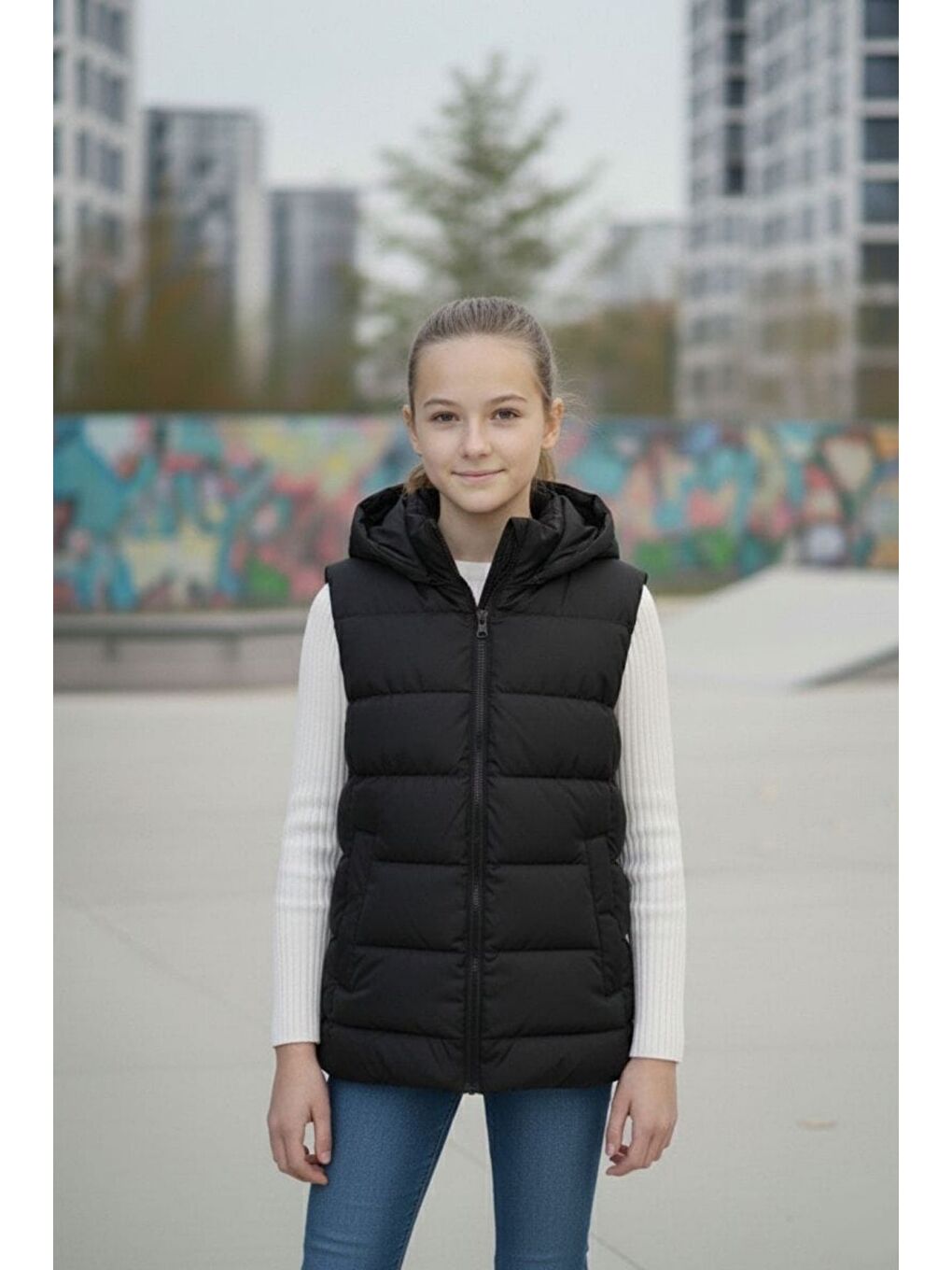 Siyah Kız Çocuk Kapüşonlu Şişme Yelek-6