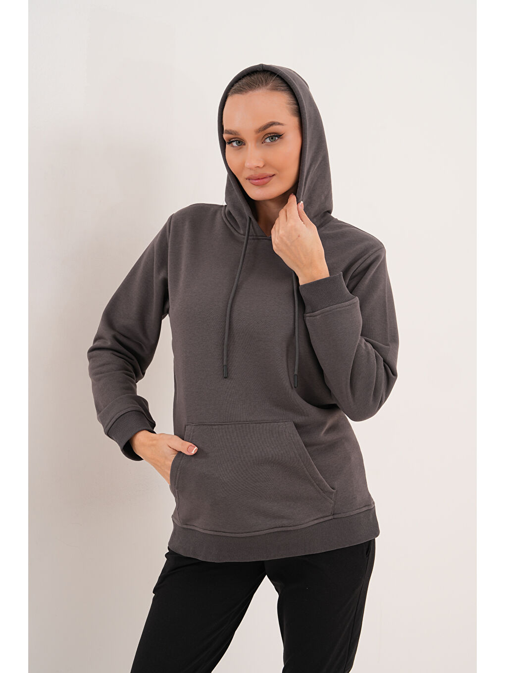 Gri %100 Pamuk Hamile ve Lohusa Basic Kapüşonlu Sweatshirt-5