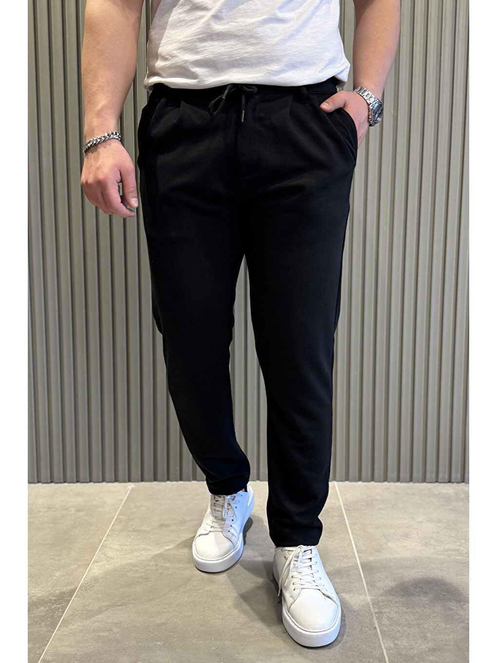 Siyah Bel Bağcıklı Double Jogger Erkek Pantolon