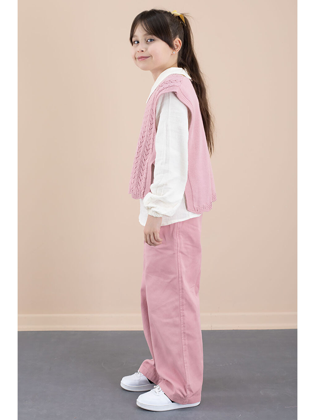 Pembe Örgü Süveterli Müslin Gömlekli Kız Çocuk 3lü Alt Üst Takım 20537-4