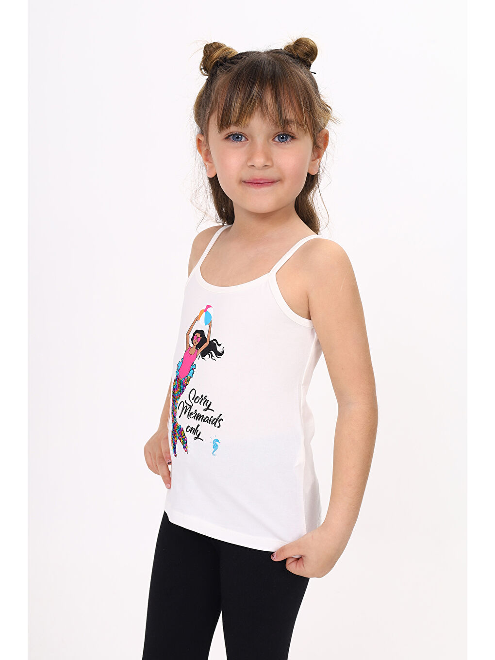 Ekru Kız Çocuk Deniz Kızı Baskılı Pul İşlemeli Atlet-1