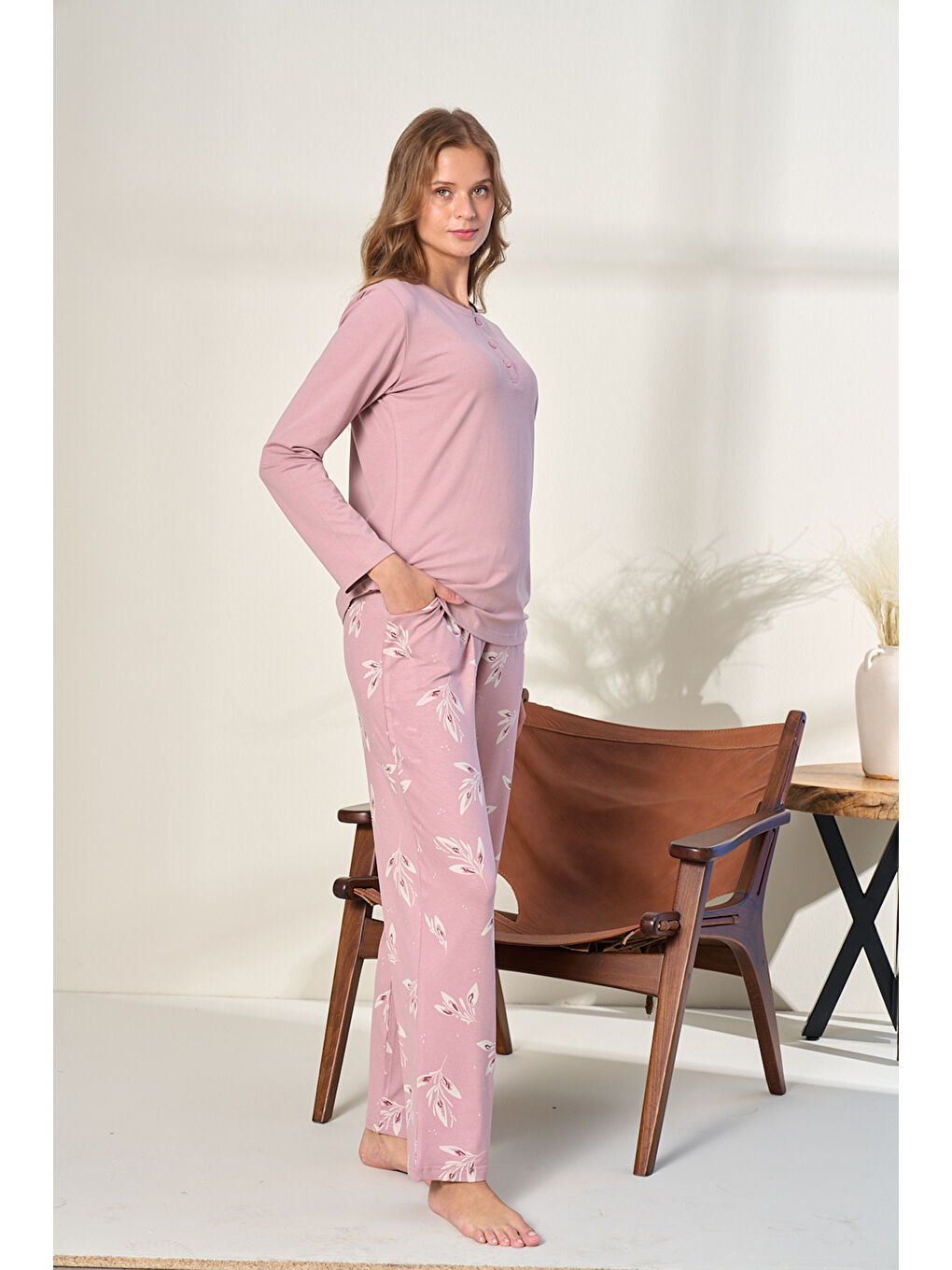 Kırmızı Büyük Beden Kadın Önden Düğmeli Penye Uzun Kol Pijama Takımı 3138 Gül Kurusu01-1