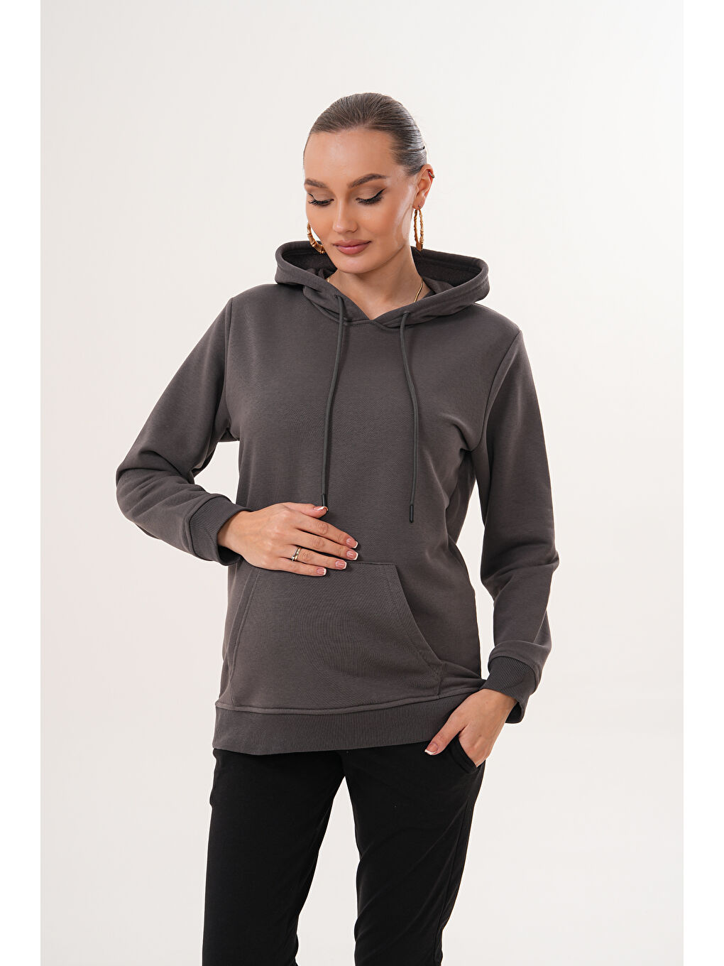 Gri %100 Pamuk Hamile ve Lohusa Basic Kapüşonlu Sweatshirt-6