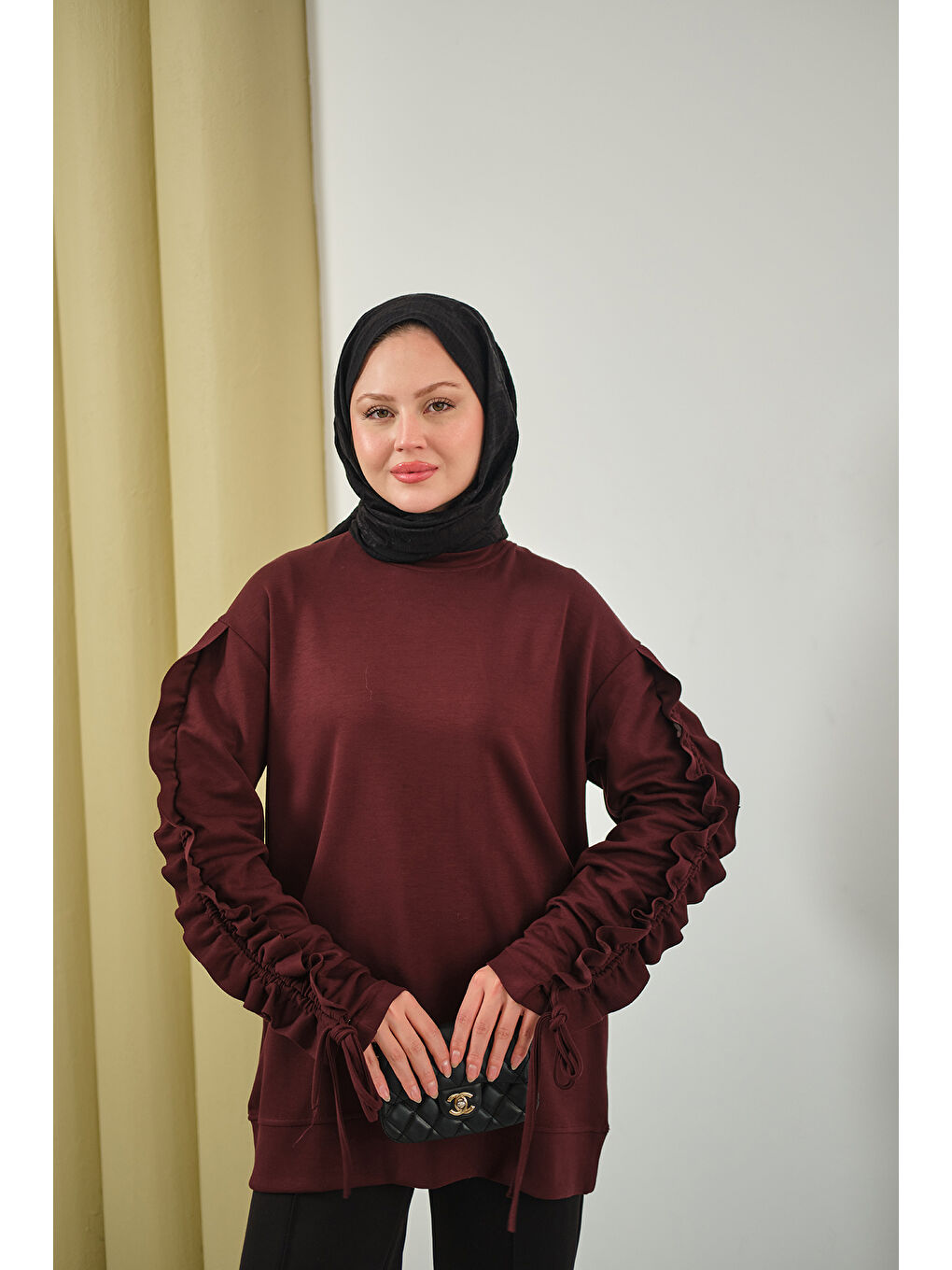 Kadın Kolları Büzgü Detay Tunik Bordo-2