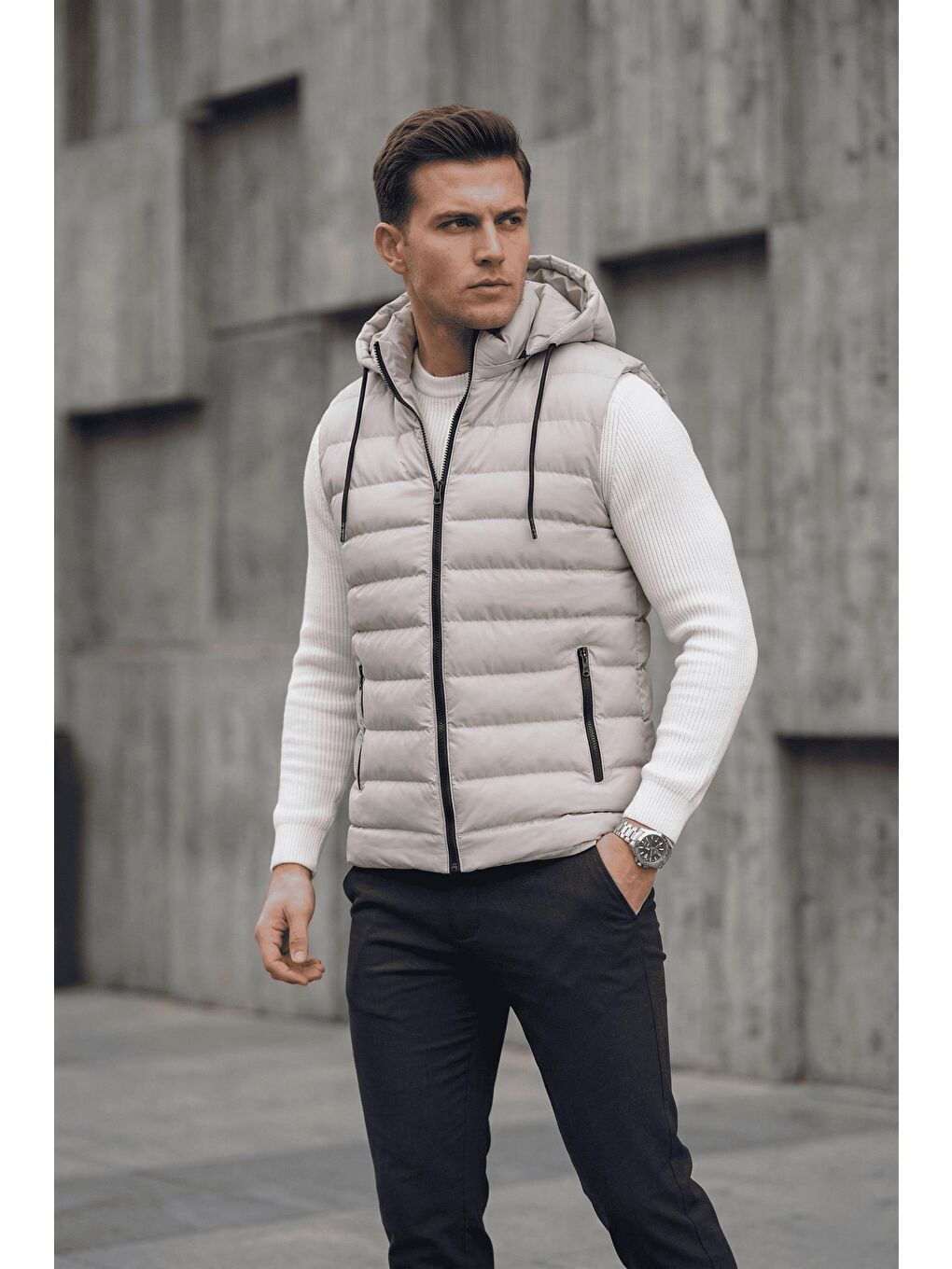 Gri Yelly Slim Fit Fermuarlı Cep Detaylı Erkek Şişme Yelek - Çıkarılabilir Kapüşonlu & Astarlı-2