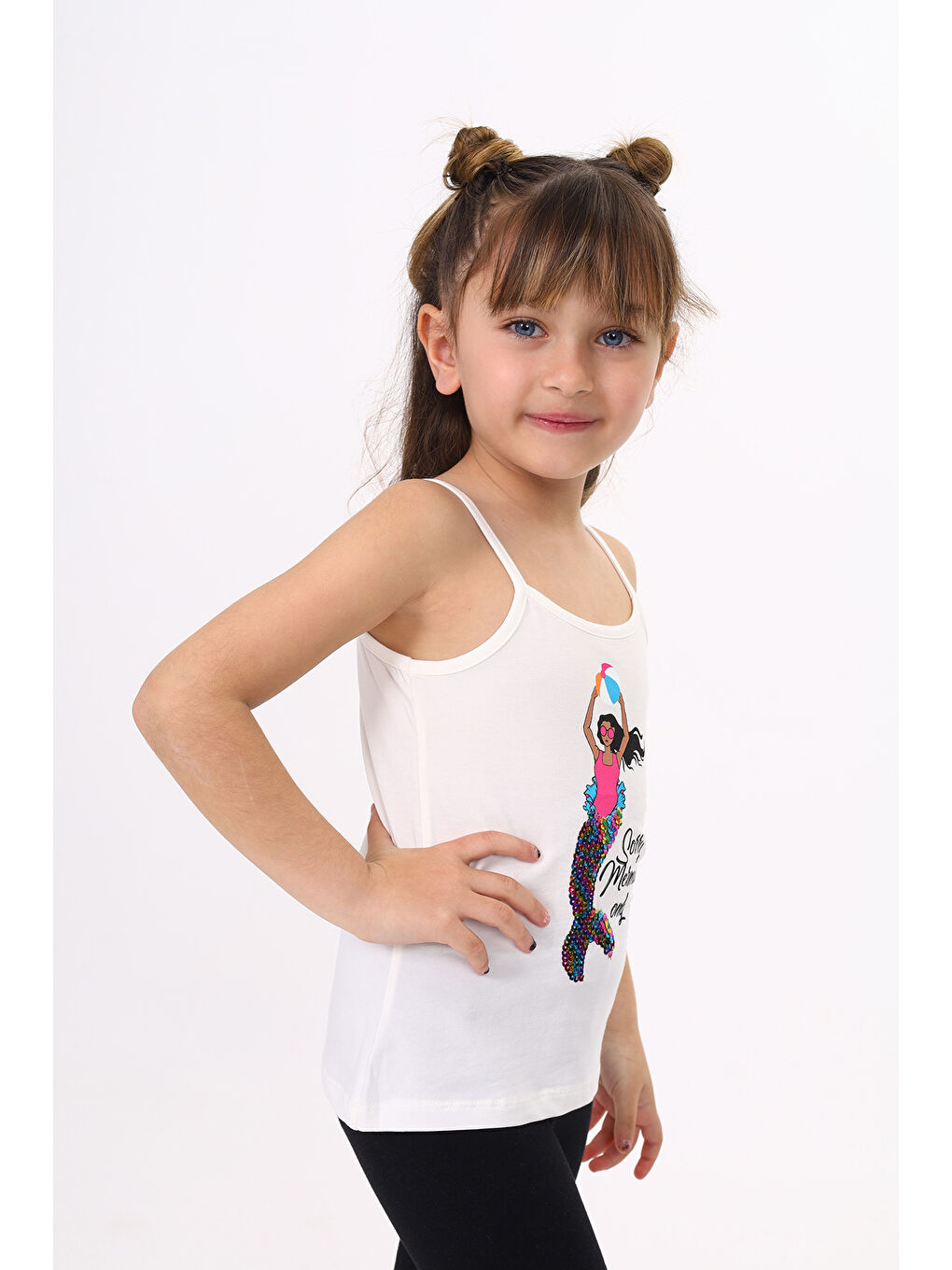 Ekru Kız Çocuk Deniz Kızı Baskılı Pul İşlemeli Atlet-2