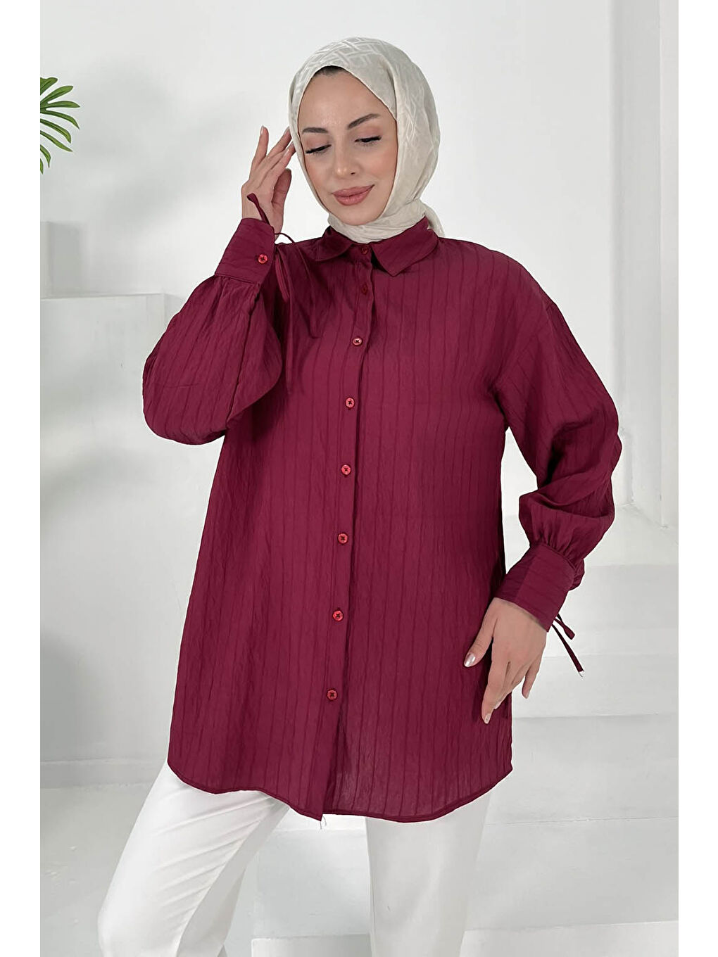 Kolları Bağcık Detaylı Tunik Bordo - 27001