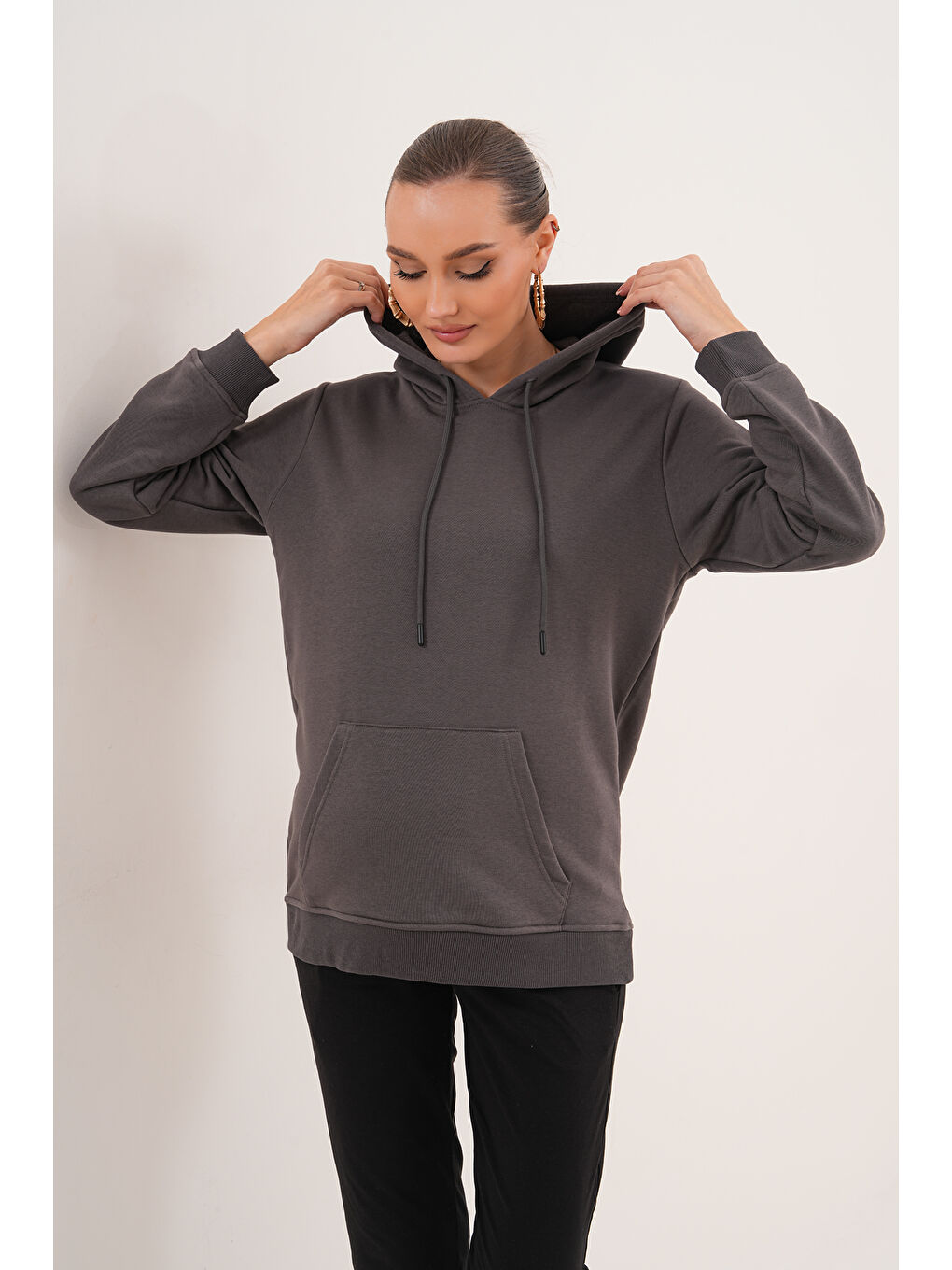 Gri %100 Pamuk Hamile ve Lohusa Basic Kapüşonlu Sweatshirt-7