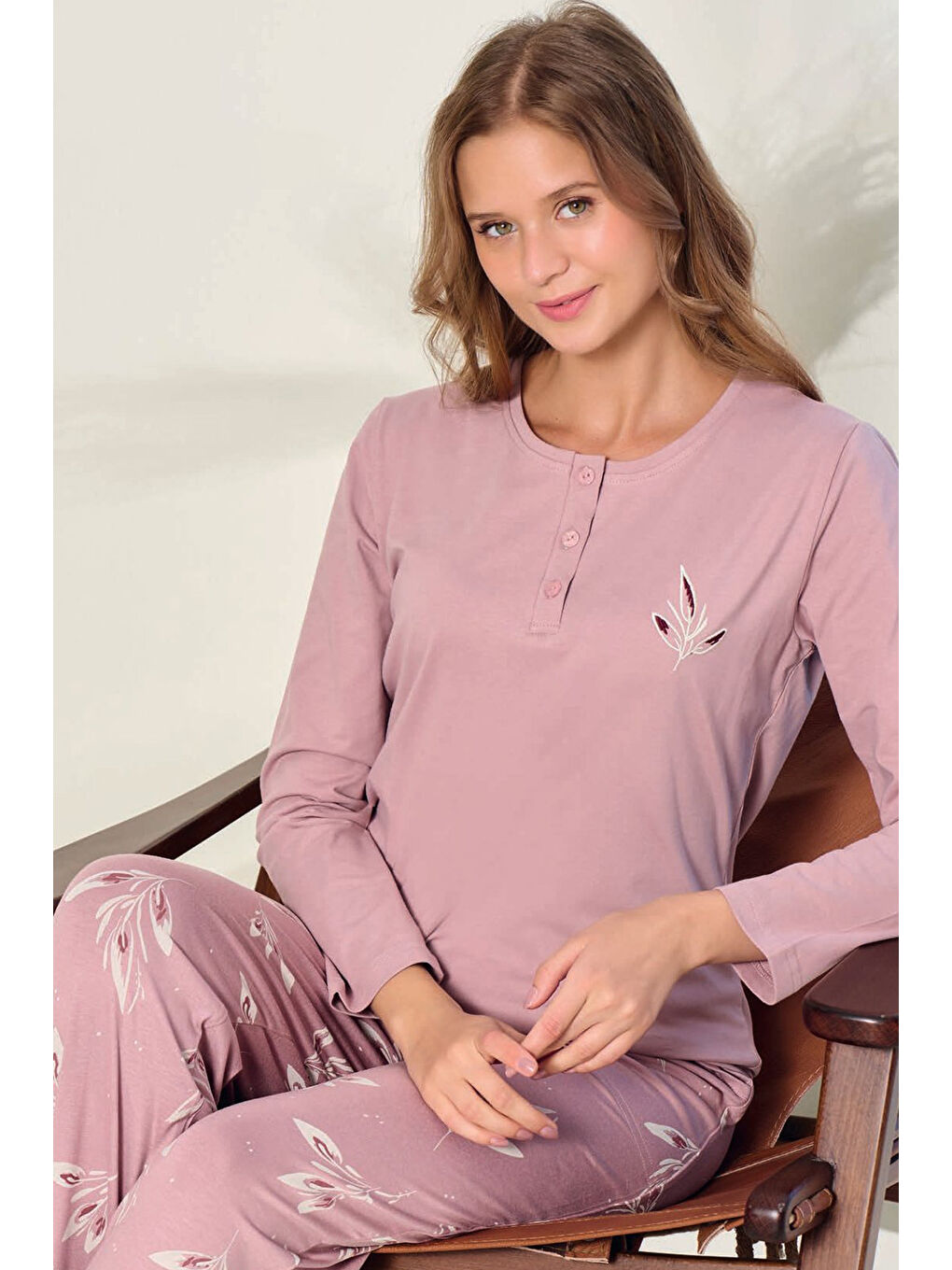 Kırmızı Büyük Beden Kadın Önden Düğmeli Penye Uzun Kol Pijama Takımı 3138 Gül Kurusu01-2