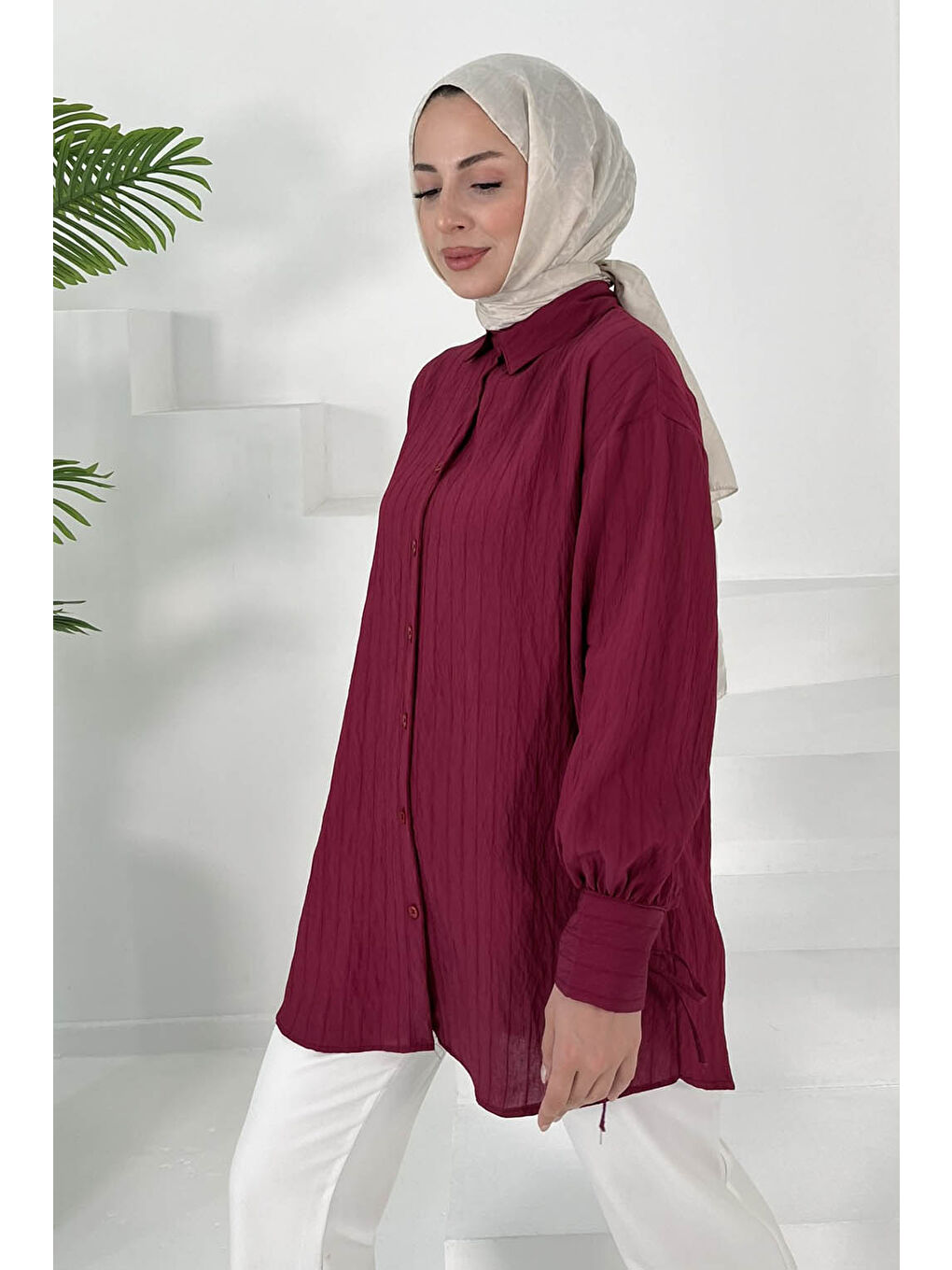 Kolları Bağcık Detaylı Tunik Bordo - 27001-2