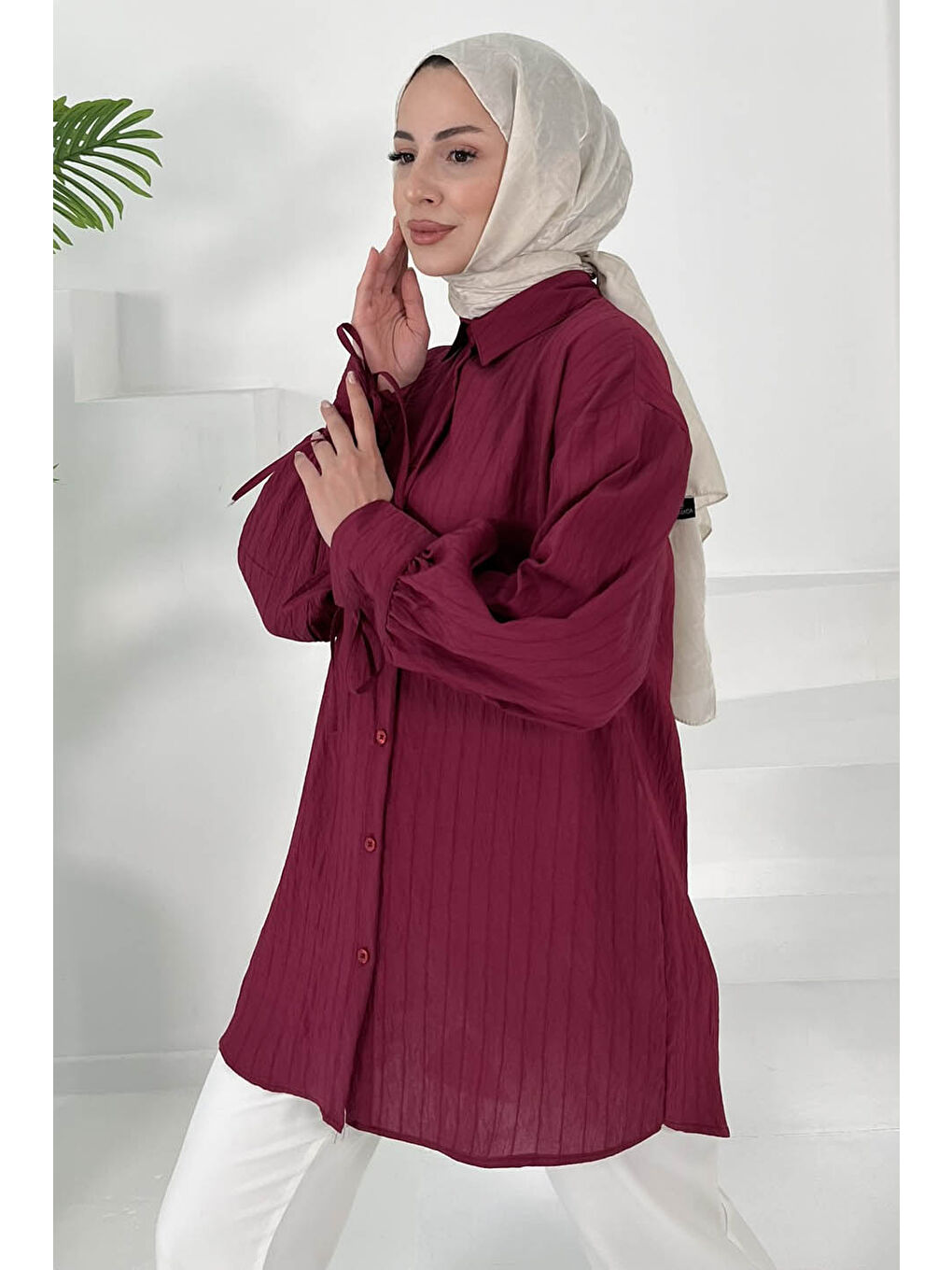 Kolları Bağcık Detaylı Tunik Bordo - 27001-3