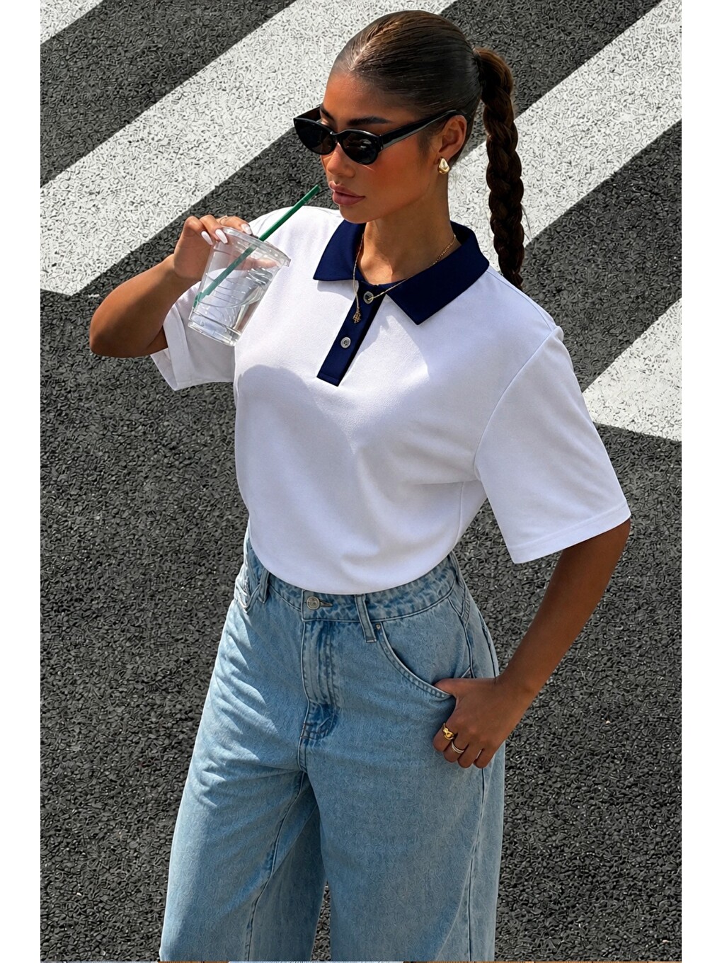 Lacivert Kadın Polo Yaka Tişört Regular Fit Kısa Kollu Günlük Basic Tişört-1