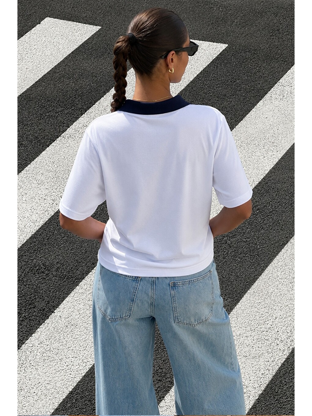 Lacivert Kadın Polo Yaka Tişört Regular Fit Kısa Kollu Günlük Basic Tişört-2