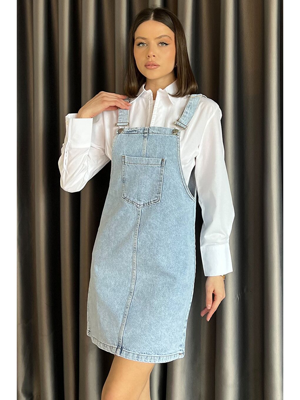 Mavi Kadın Ön Cep Detaylı Jean Jean Salopet Elbise-1