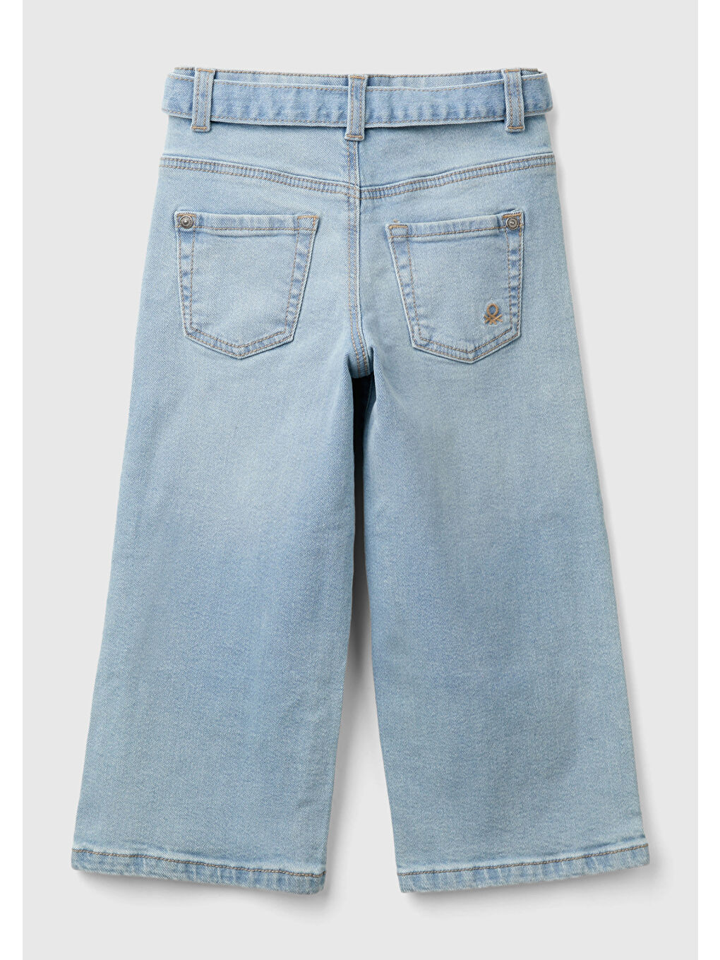 Lacivert Kız Çocuk Denim Arka Cebi Logo Detaylı Beli Kuşaklı Geniş Paça Pantolon-1