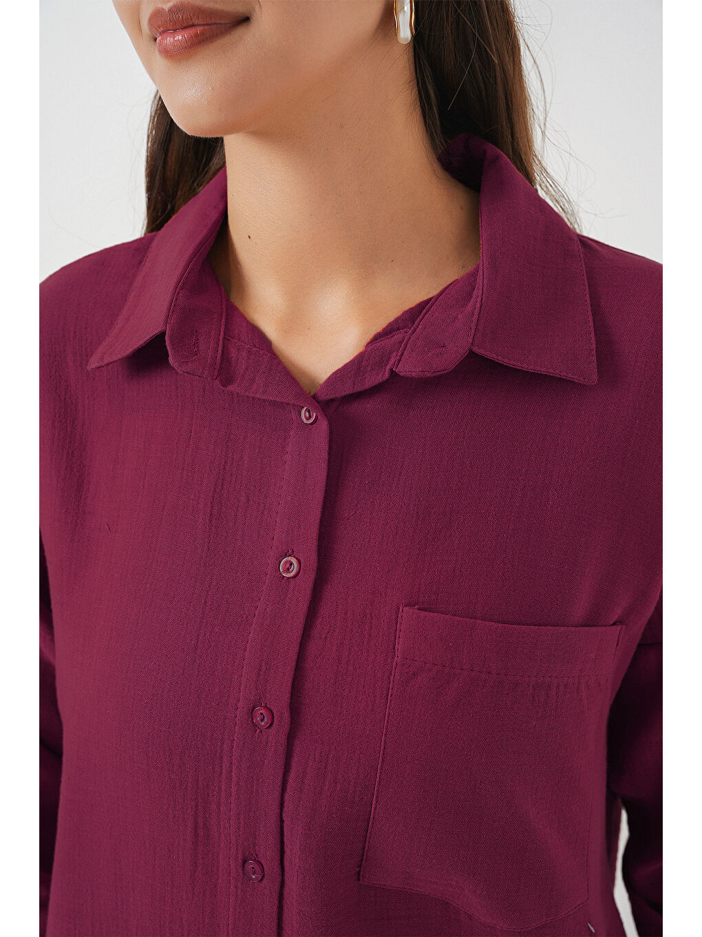 20153 Tek Cepli Oversize Keten Gömlek - Mürdüm-1