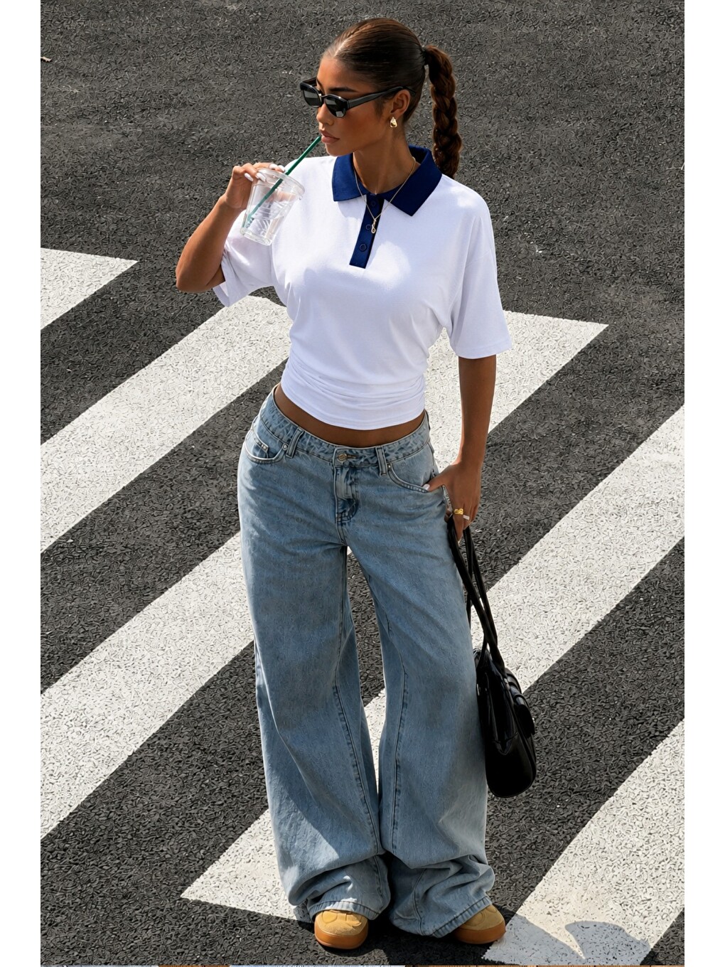 Lacivert Kadın Polo Yaka Tişört Regular Fit Kısa Kollu Günlük Basic Tişört-3