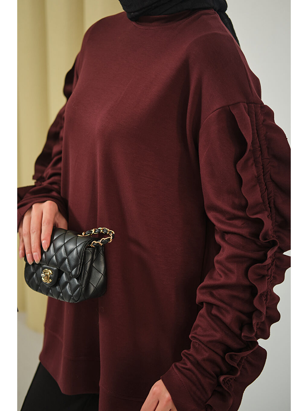 Kadın Kolları Büzgü Detay Tunik Bordo-4