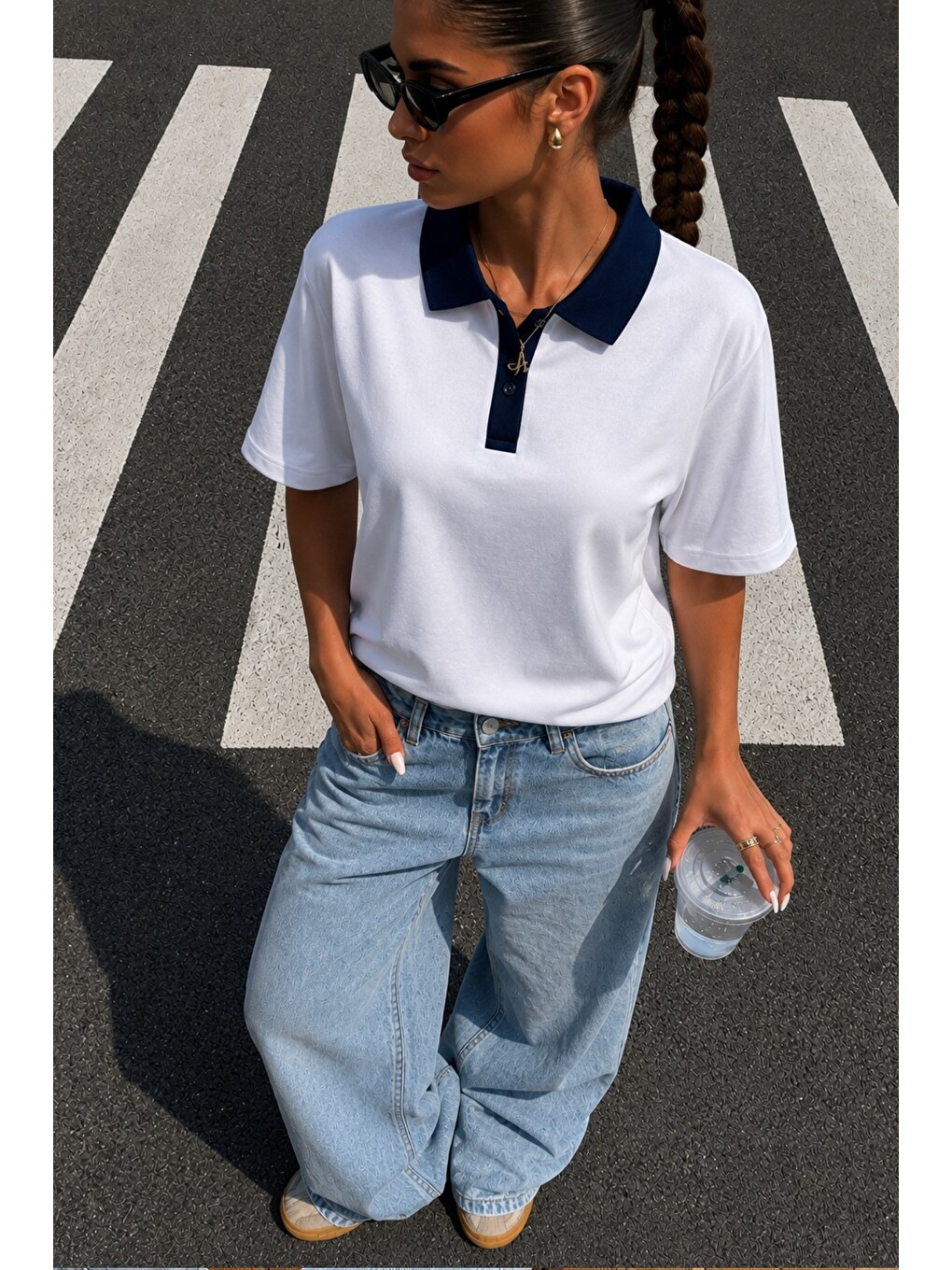 Lacivert Kadın Polo Yaka Tişört Regular Fit Kısa Kollu Günlük Basic Tişört-4