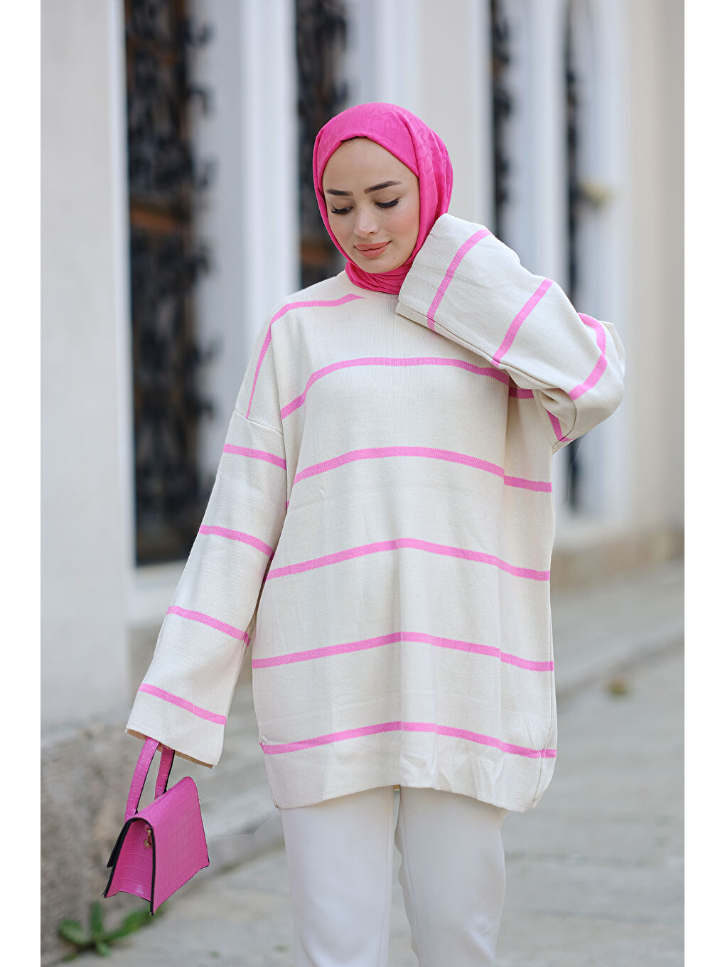 Locco Moda Pembe Çizgili Triko Tunik Pembe - 1