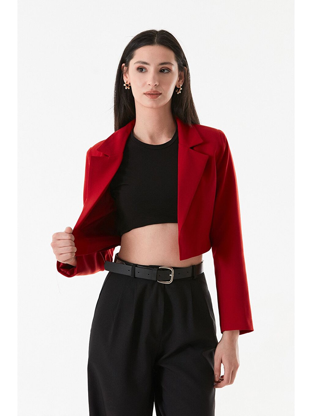 Kırmızı Basic Kruvaze Yaka Vatkalı Crop Ceket