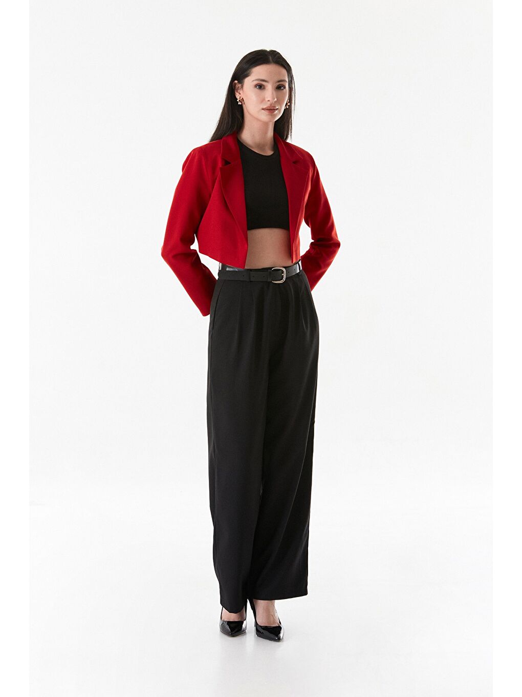 Kırmızı Basic Kruvaze Yaka Vatkalı Crop Ceket-1
