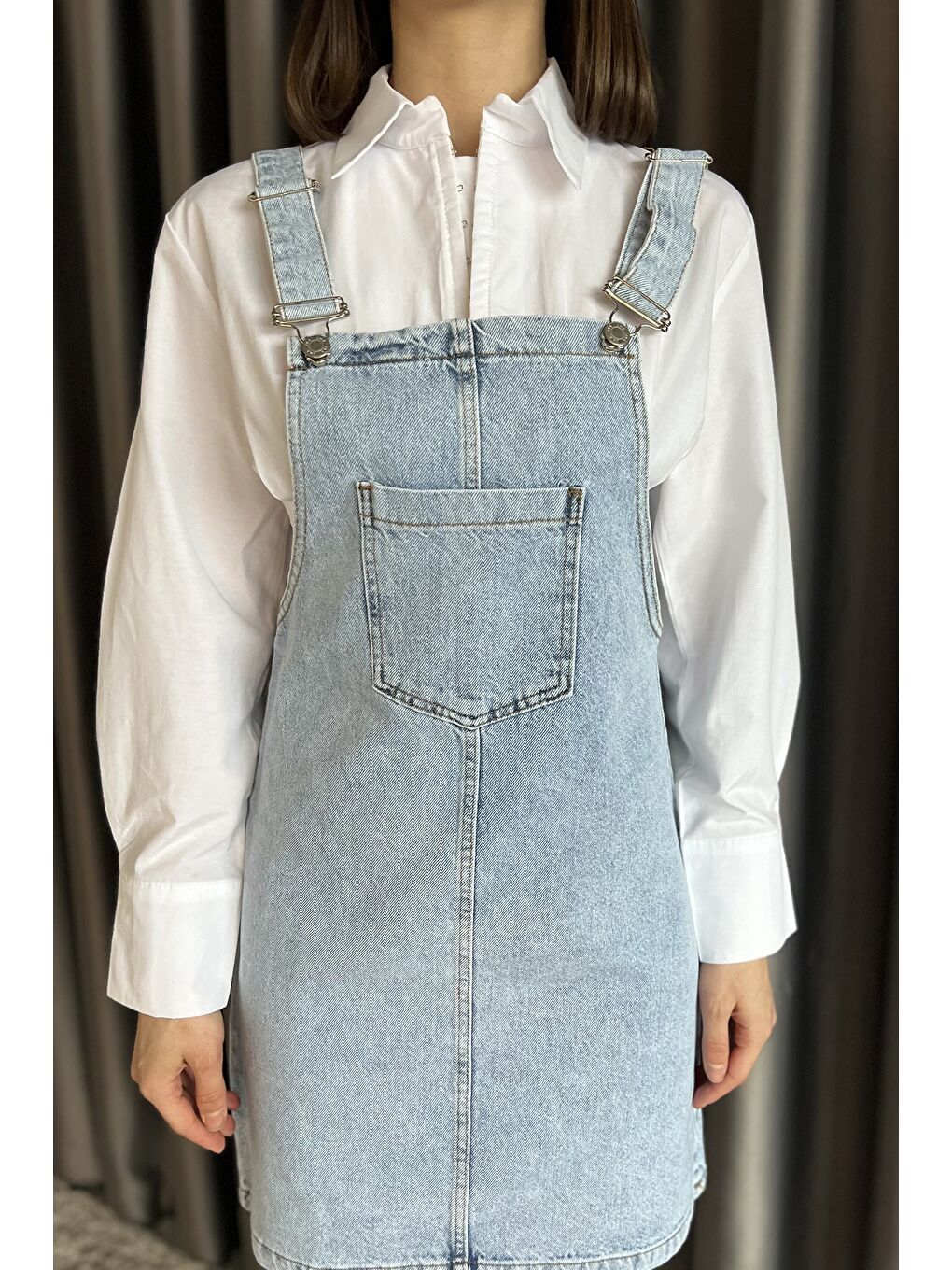 Mavi Kadın Ön Cep Detaylı Jean Jean Salopet Elbise-3