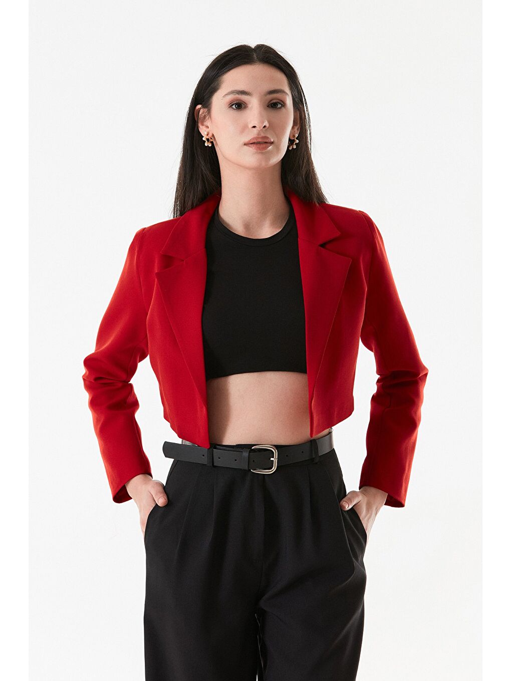 Kırmızı Basic Kruvaze Yaka Vatkalı Crop Ceket-2