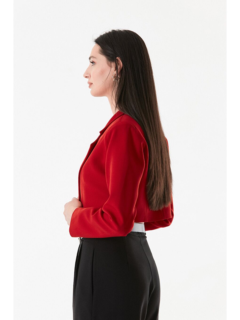 Kırmızı Basic Kruvaze Yaka Vatkalı Crop Ceket-3