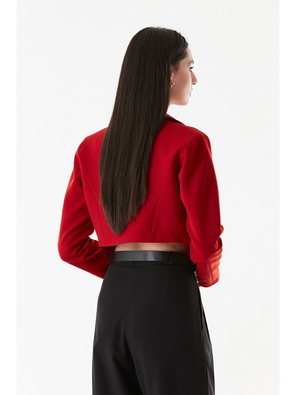 Kırmızı Basic Kruvaze Yaka Vatkalı Crop Ceket-4