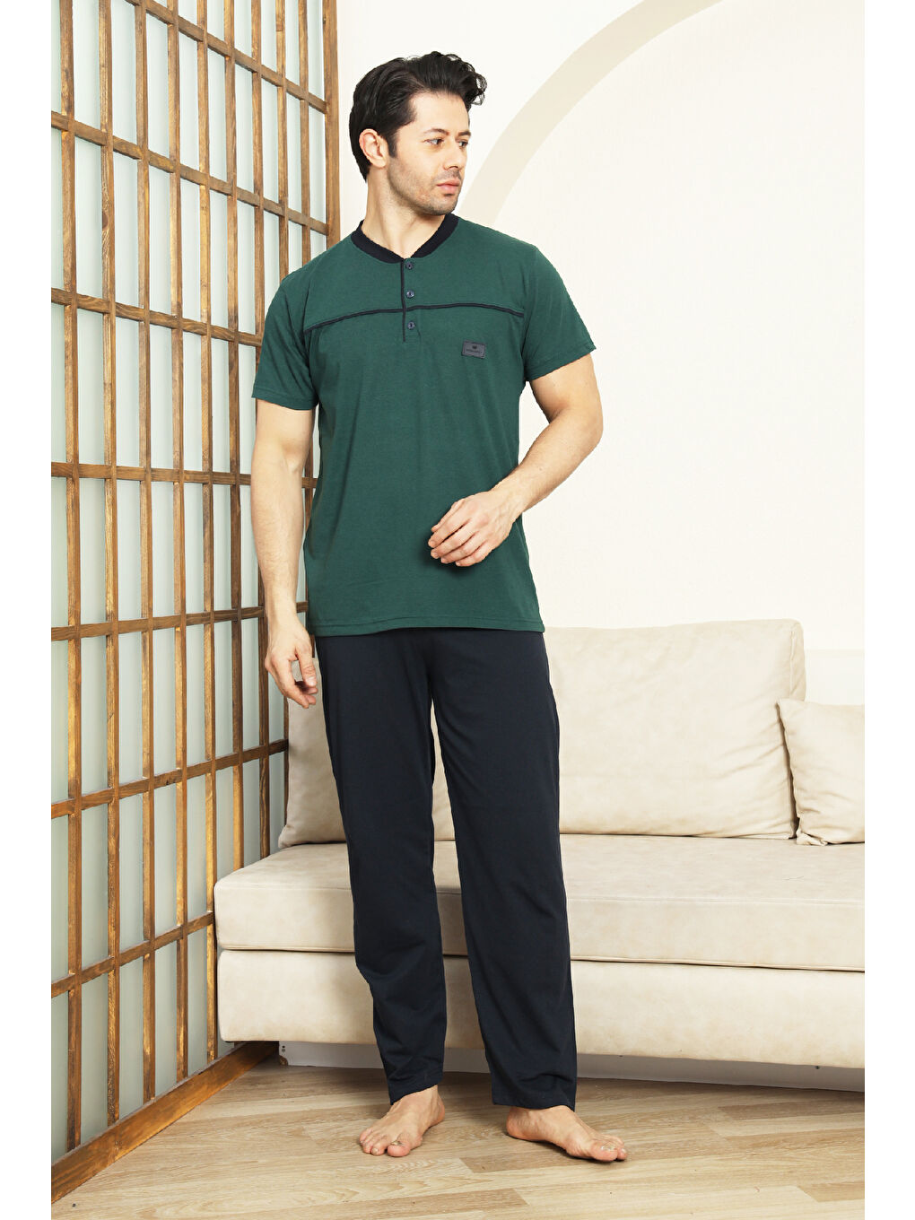 Haki Erkek %100 Pamuk Pijama Takımı -3 Düğmeli-Robalı 12383