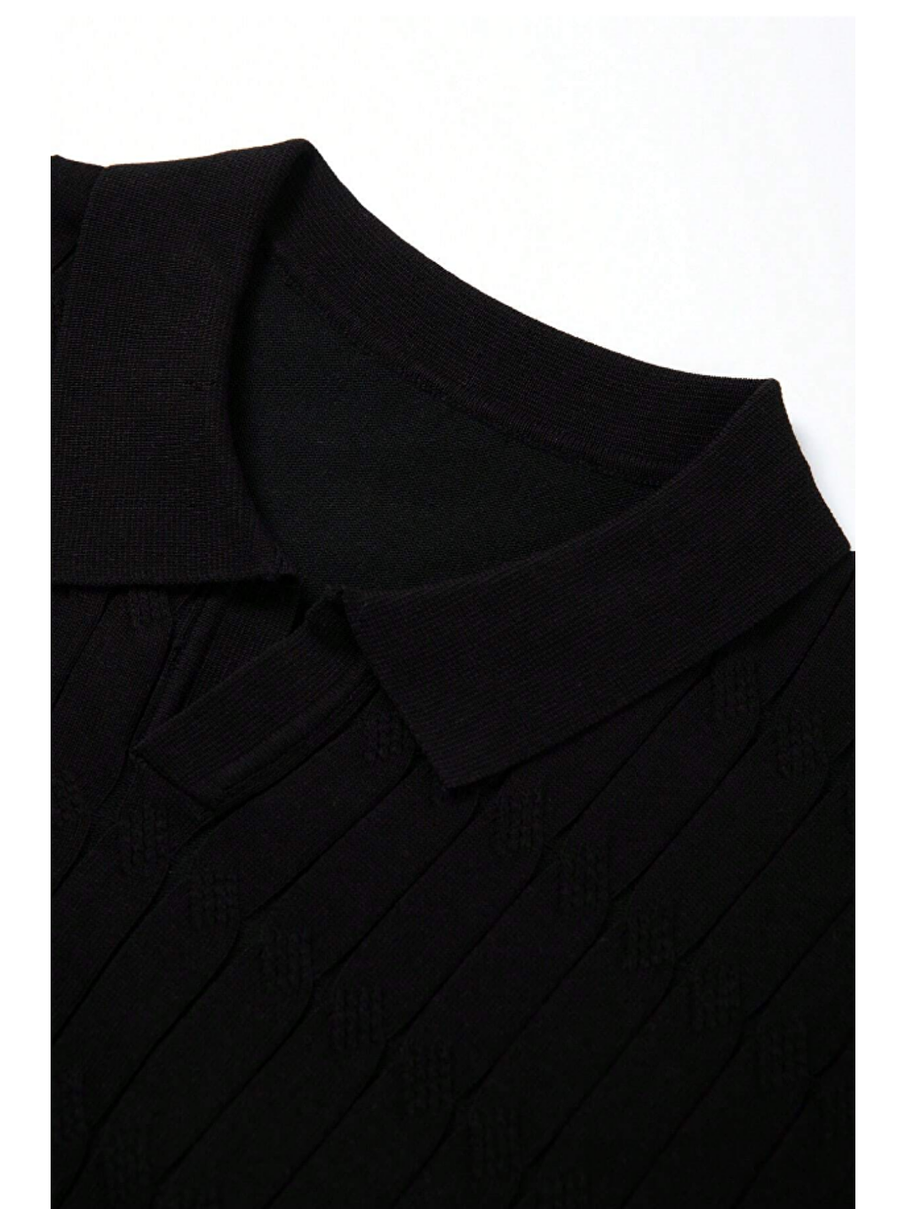 Siyah Erkek İnce Saç Örgülü Standart Fit Polo Yaka Triko Tişört-3