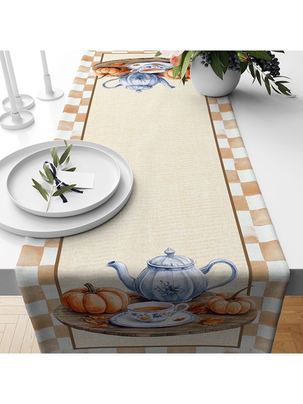 Karışık Sonbahar Desenli 40x140 cm Kadife Masa Örtüsü Runner-1