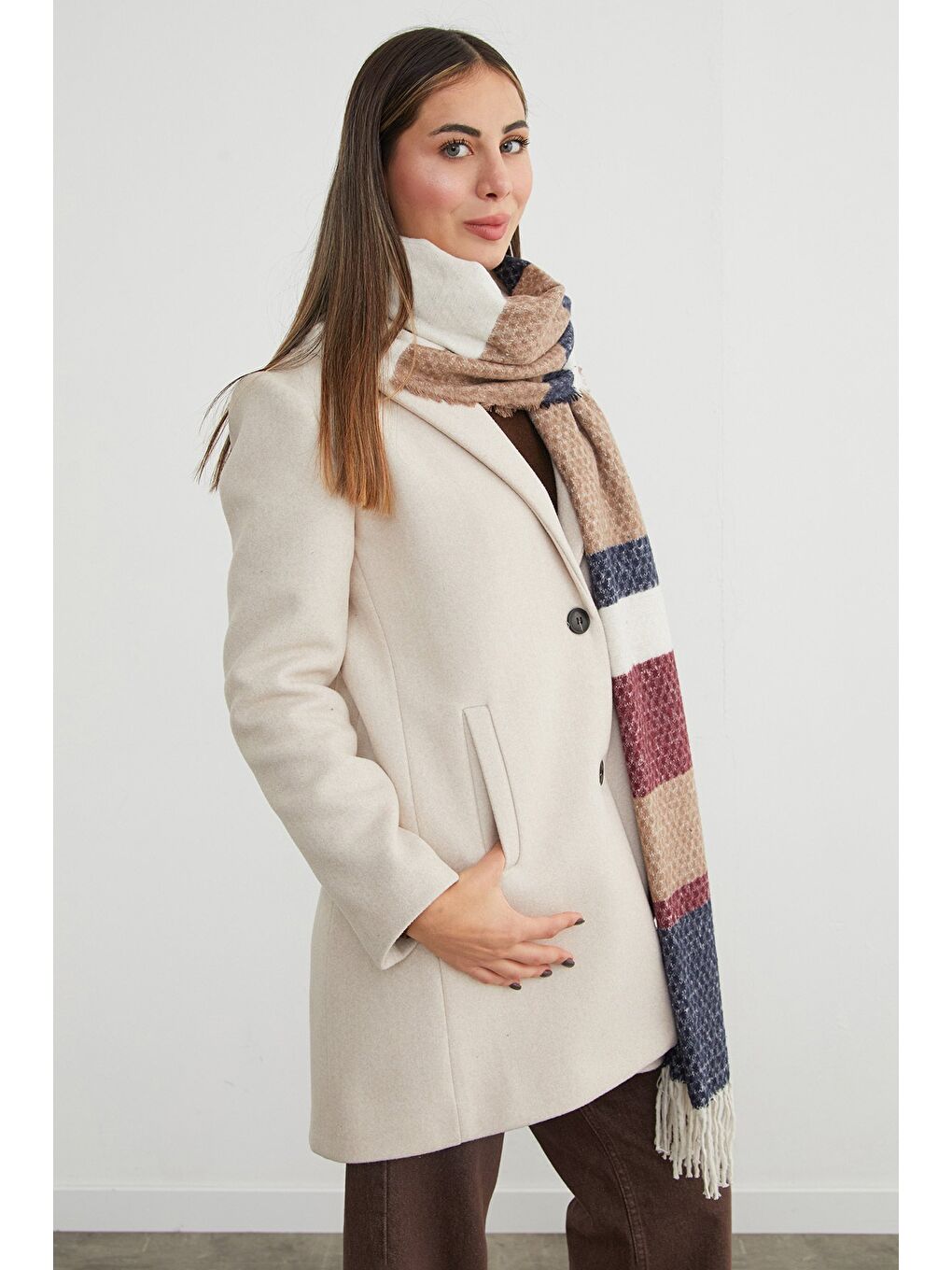 Lacivert Renk Bloklu Petek Desenli Şal-4