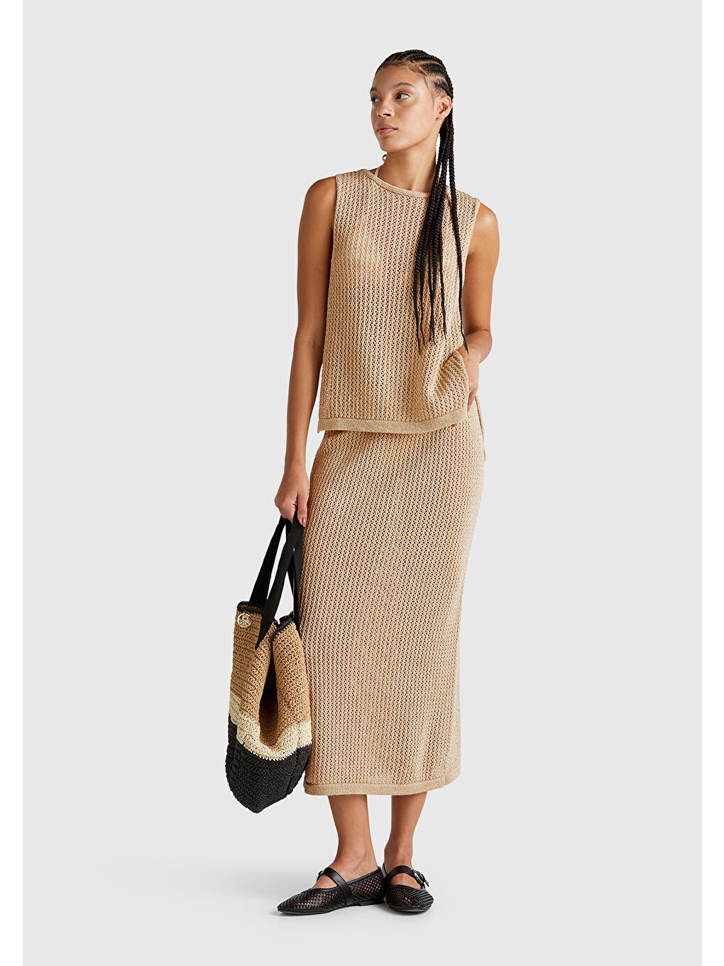 Kadın Bej Pamuk Karışımlı Tamamı Desenli Beli Lastikli Uzun Etek-3