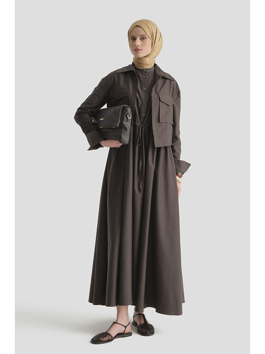 Kahverengi Ceketli Elbise Takım Kahve-2