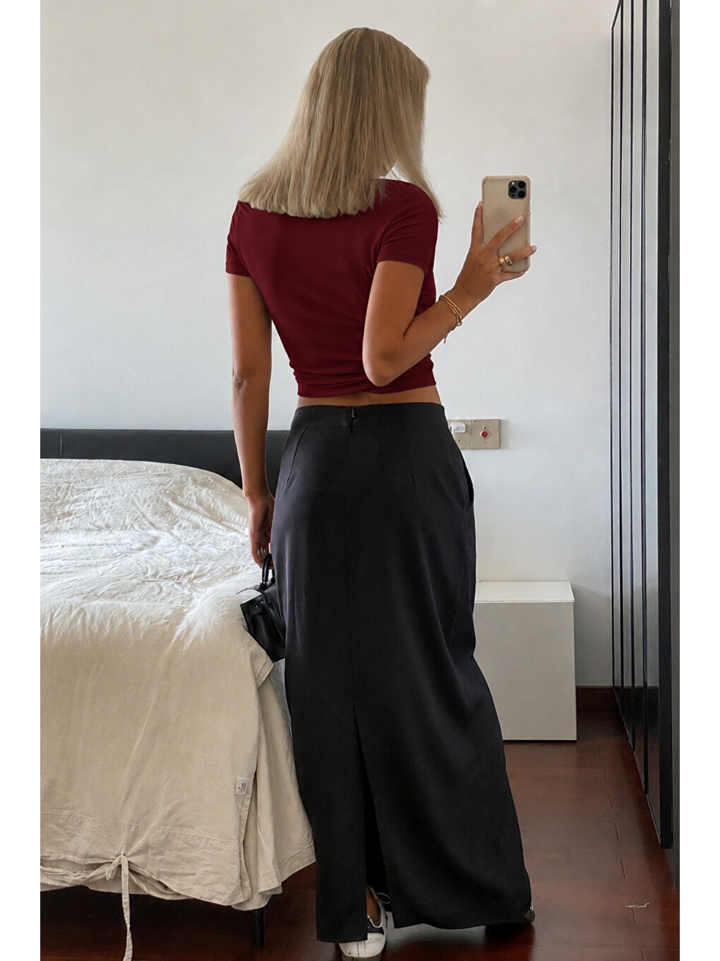 Bordo Kadın Dar/Slim Bisiklet Yaka Kontrast Ribanalı Elastanlı Pamuk Basic Tişört-2